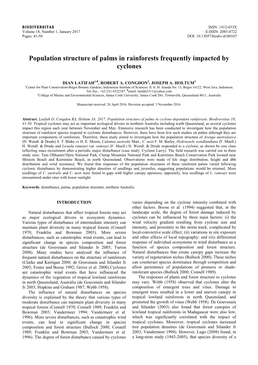 Population Structure of Palms in Rainforests Frequently Impacted by Cyclones