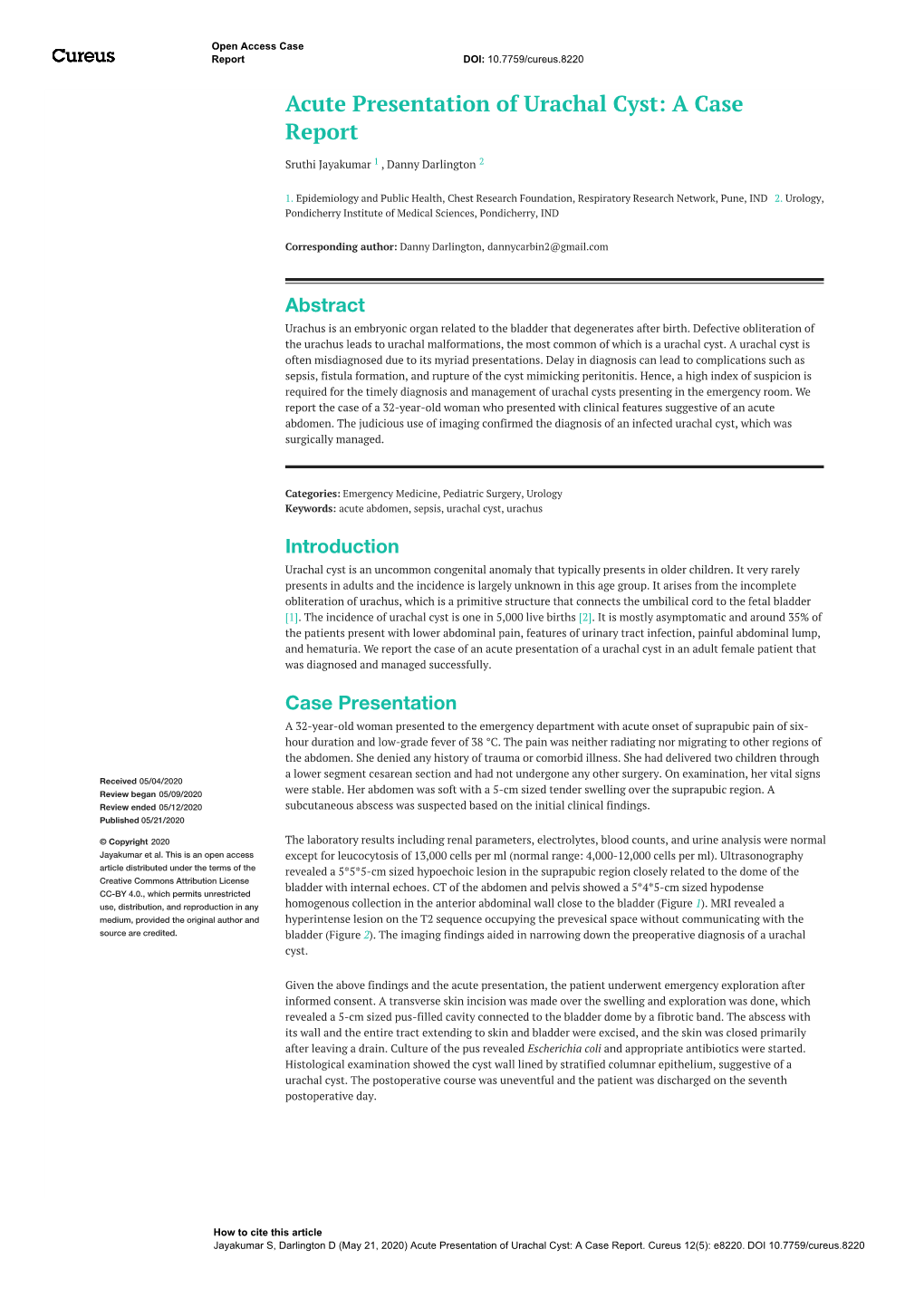 Acute Presentation of Urachal Cyst: a Case Report