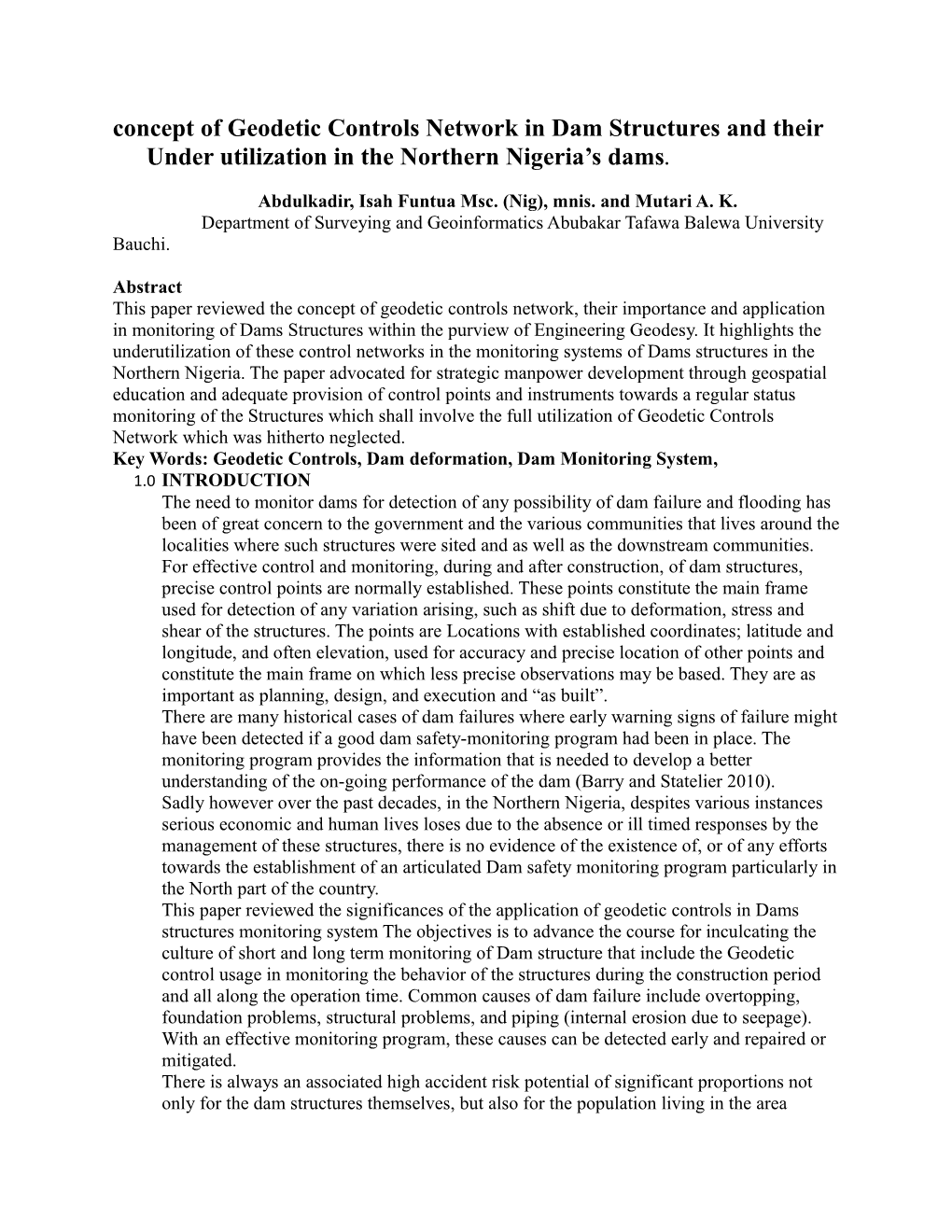 Concept of Geodetic Controls Network in Dam Structures and Their Under Utilization in the Northern Nigeria’S Dams