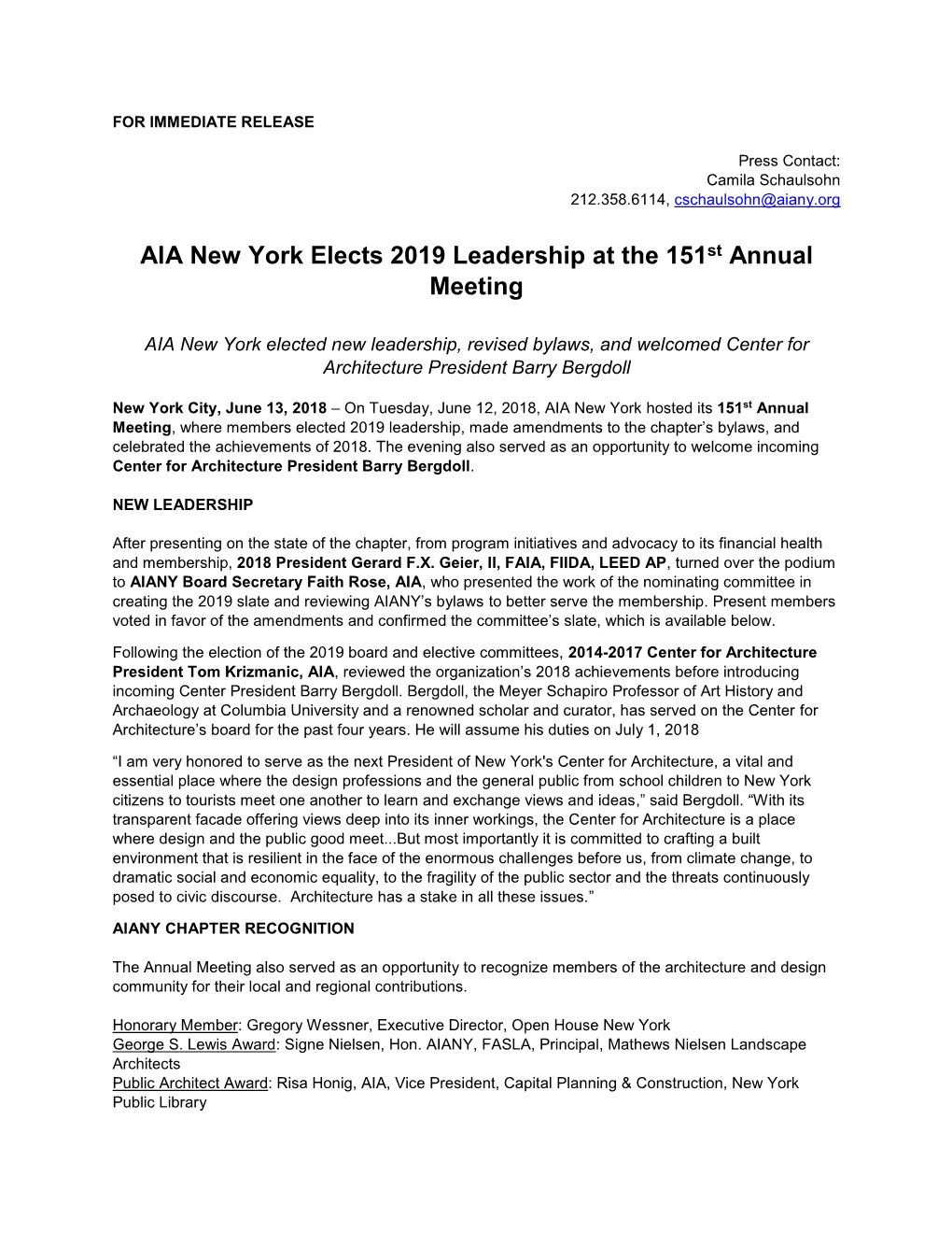 AIA New York Elects 2019 Leadership at the 151St Annual Meeting