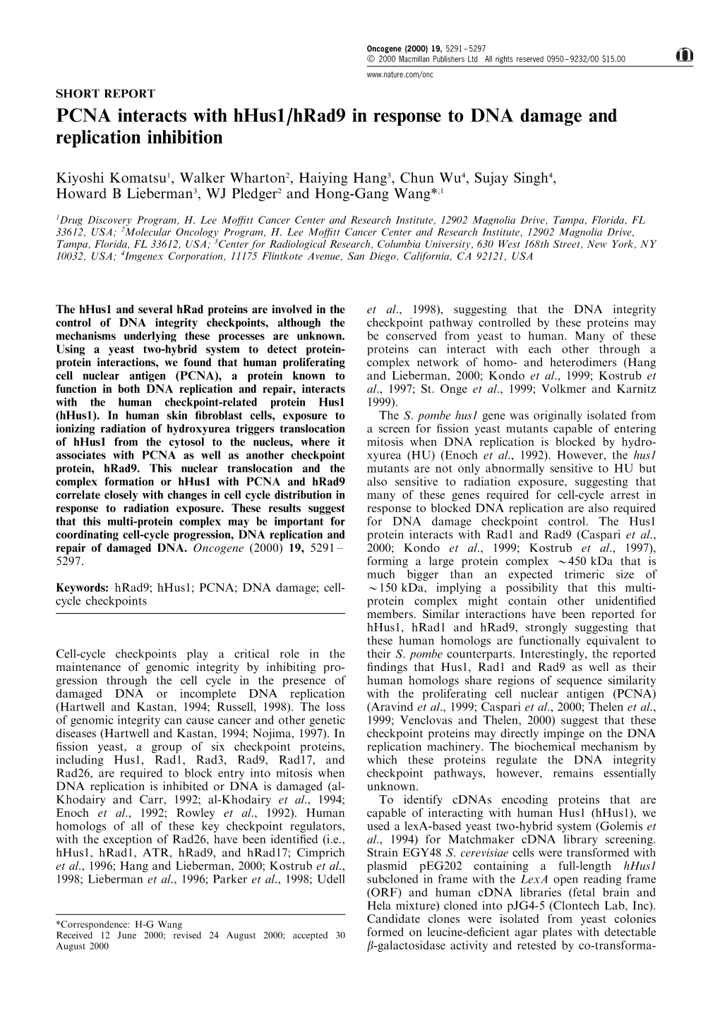 PCNA Interacts with Hhus1/Hrad9 in Response to DNA Damage and Replication Inhibition