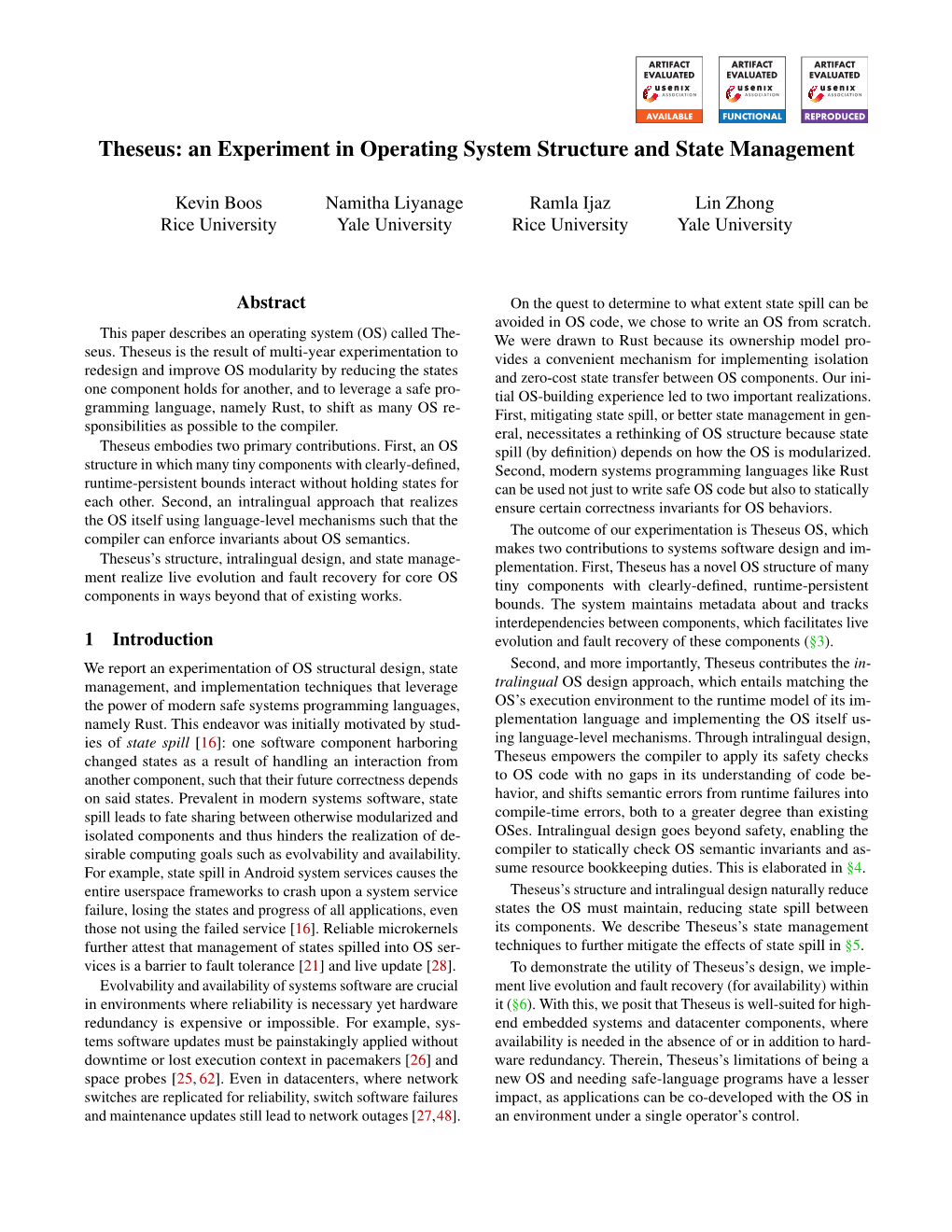 Theseus: an Experiment in Operating System Structure and State Management