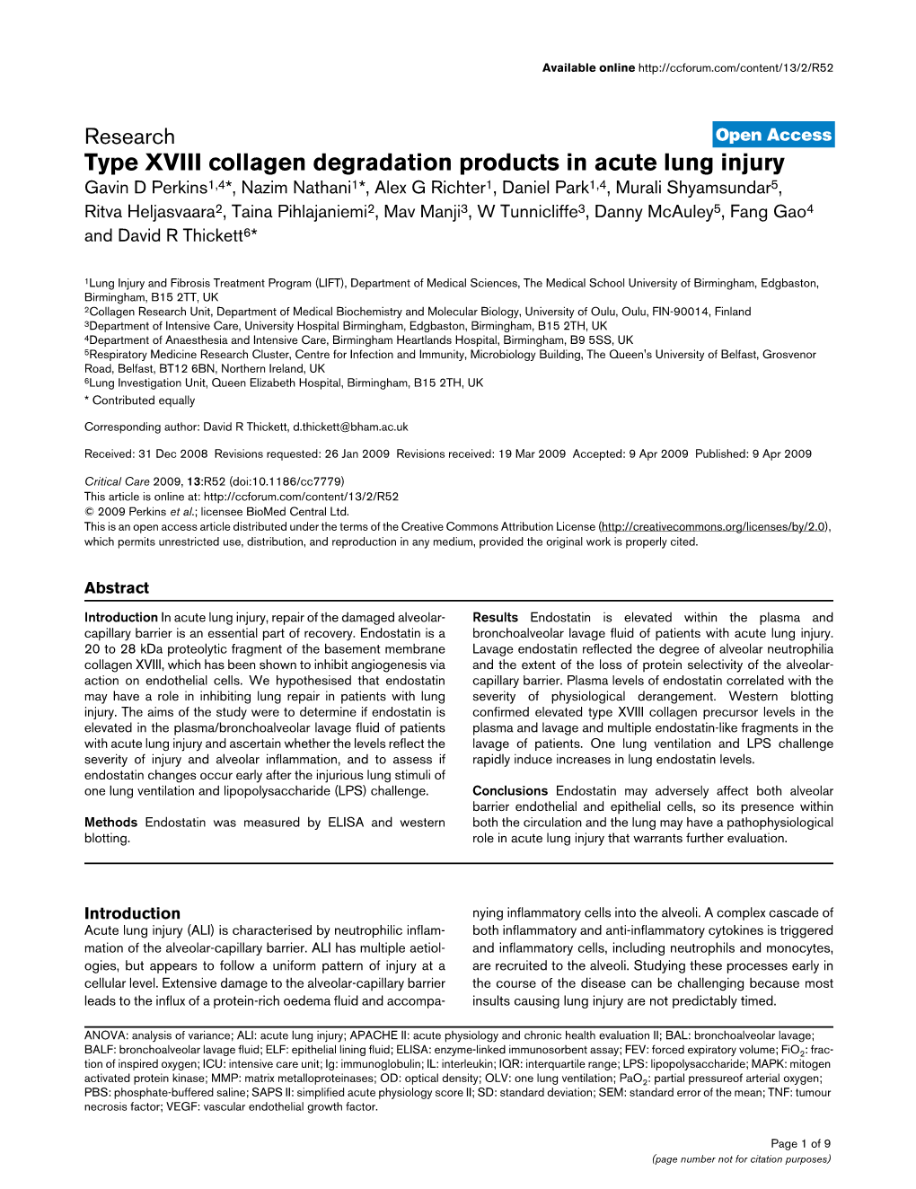 Type XVIII Collagen Degradation Products in Acute Lung Injury