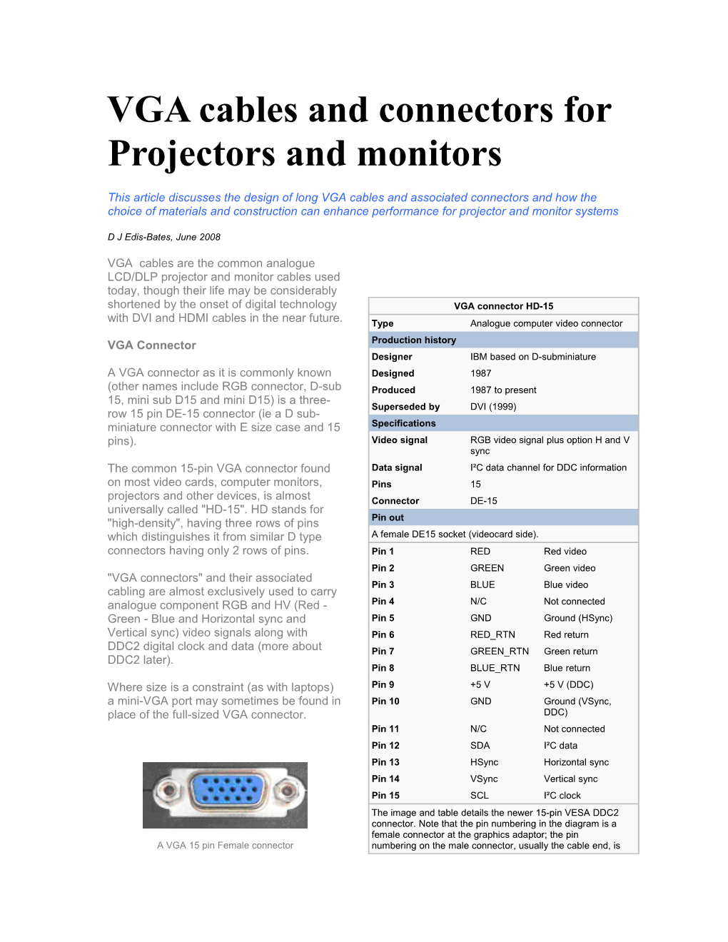 VGA Cables and Connectors for Projectors and Monitors