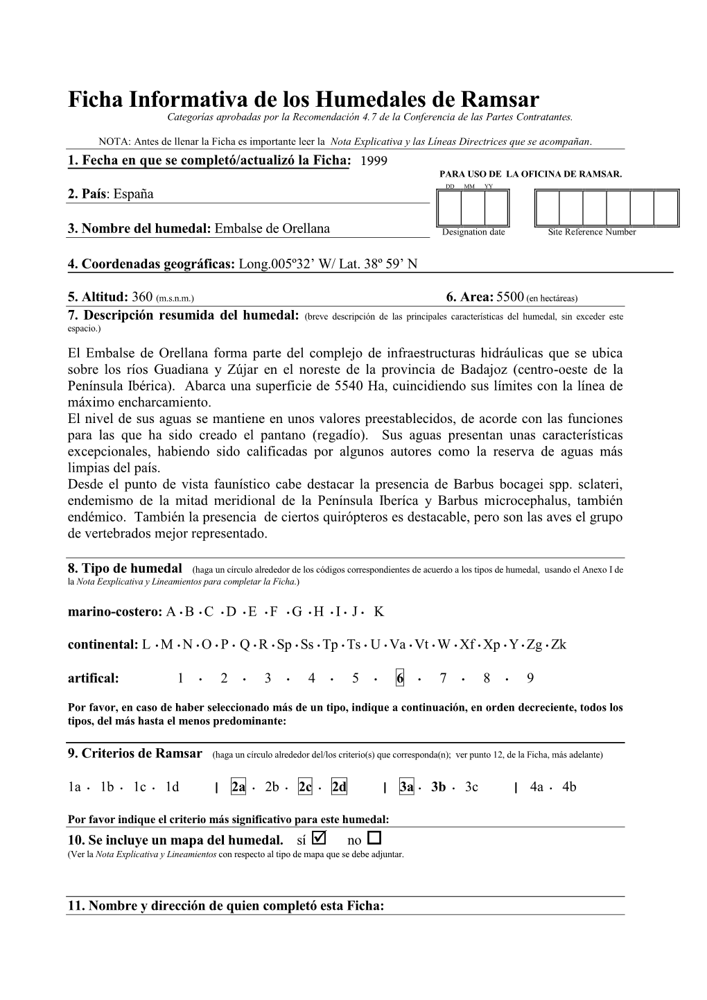 Ficha Informativa De Los Humedales De Ramsar Categorías Aprobadas Por La Recomendación 4.7 De La Conferencia De Las Partes Contratantes