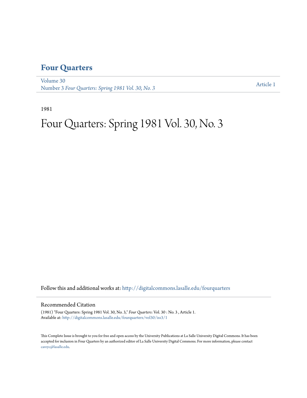 Four Quarters Volume 30 Article 1 Number 3 Four Quarters: Spring 1981 Vol