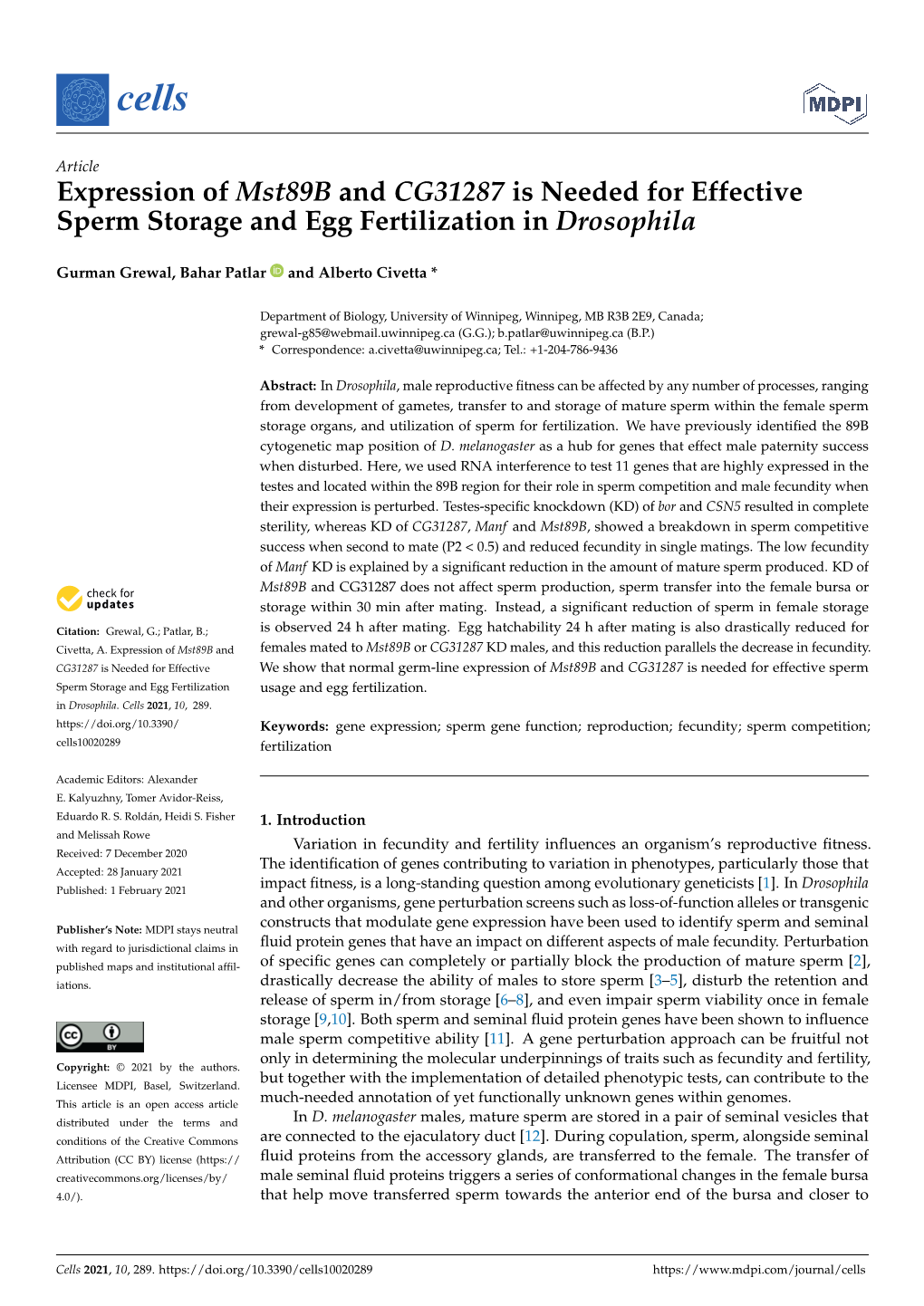 Expression of Mst89b and CG31287 Is Needed for Effective Sperm Storage and Egg Fertilization in Drosophila