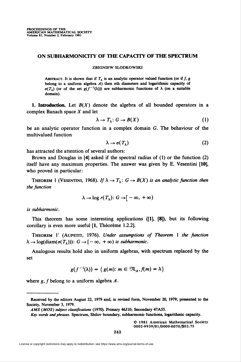 \-+Tx:G^B(X) (1) Be an Analytic Operator Function in a Complex Domain G