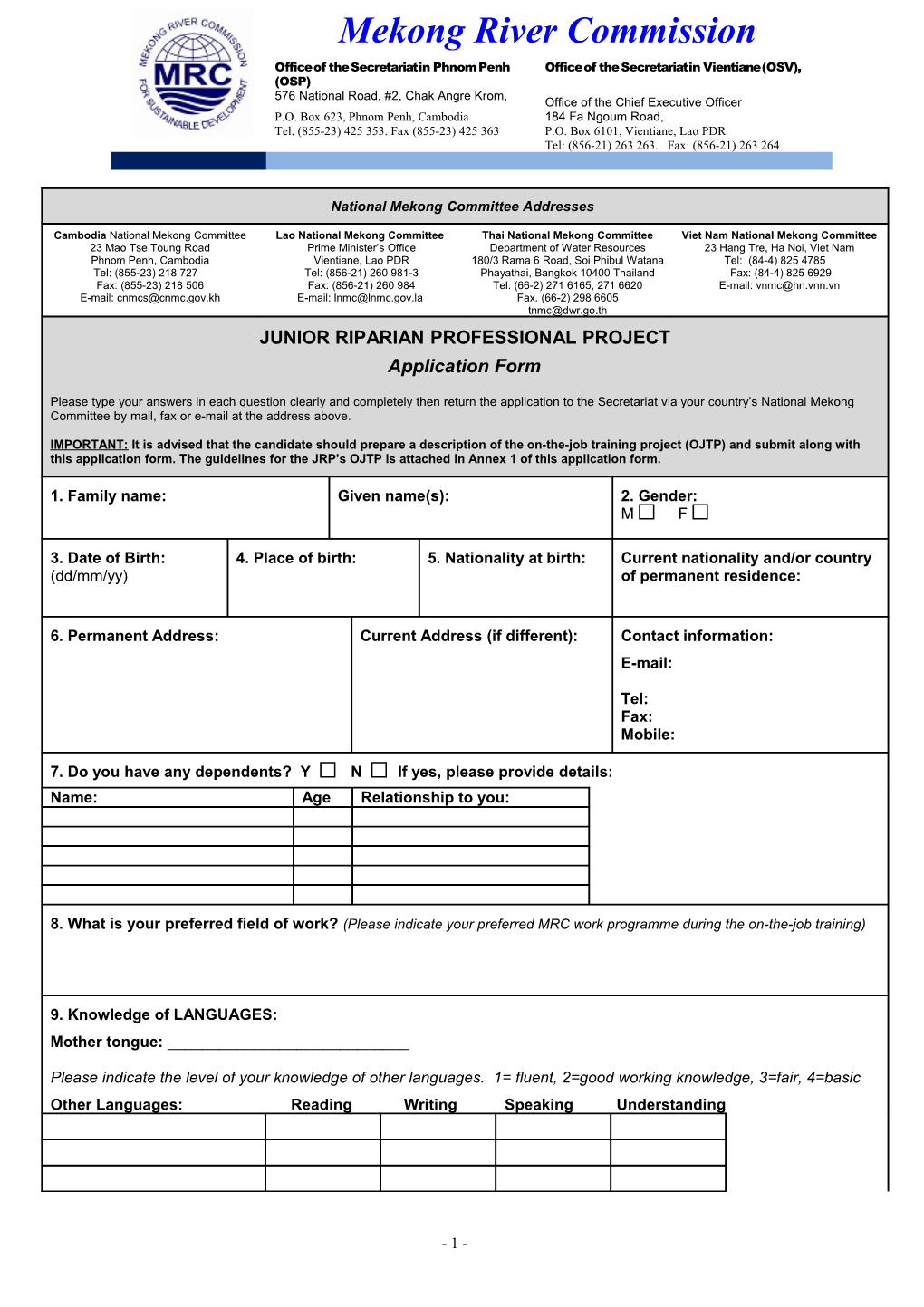 Guidelines for JRP S On-The-Job Training Project (OJTP)