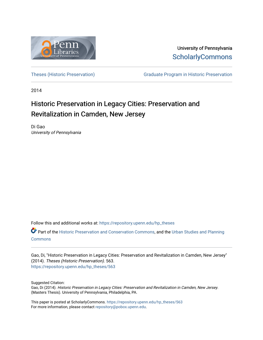 Historic Preservation in Legacy Cities: Preservation and Revitalization in Camden, New Jersey