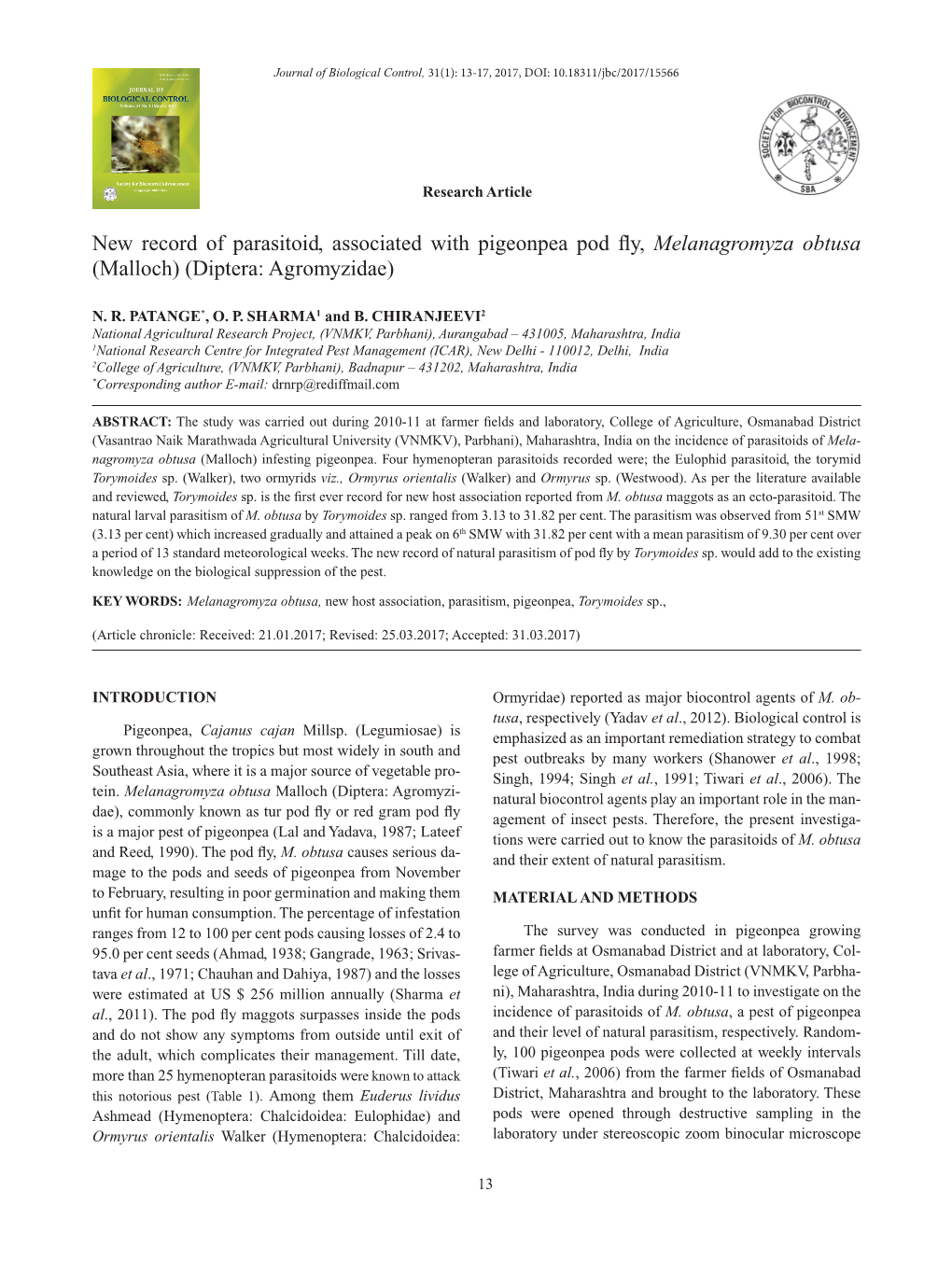 New Record of Parasitoid, Associated with Pigeonpea Pod Fly,Melanagromyza Obtusa (Malloch) (Diptera: Agromyzidae)