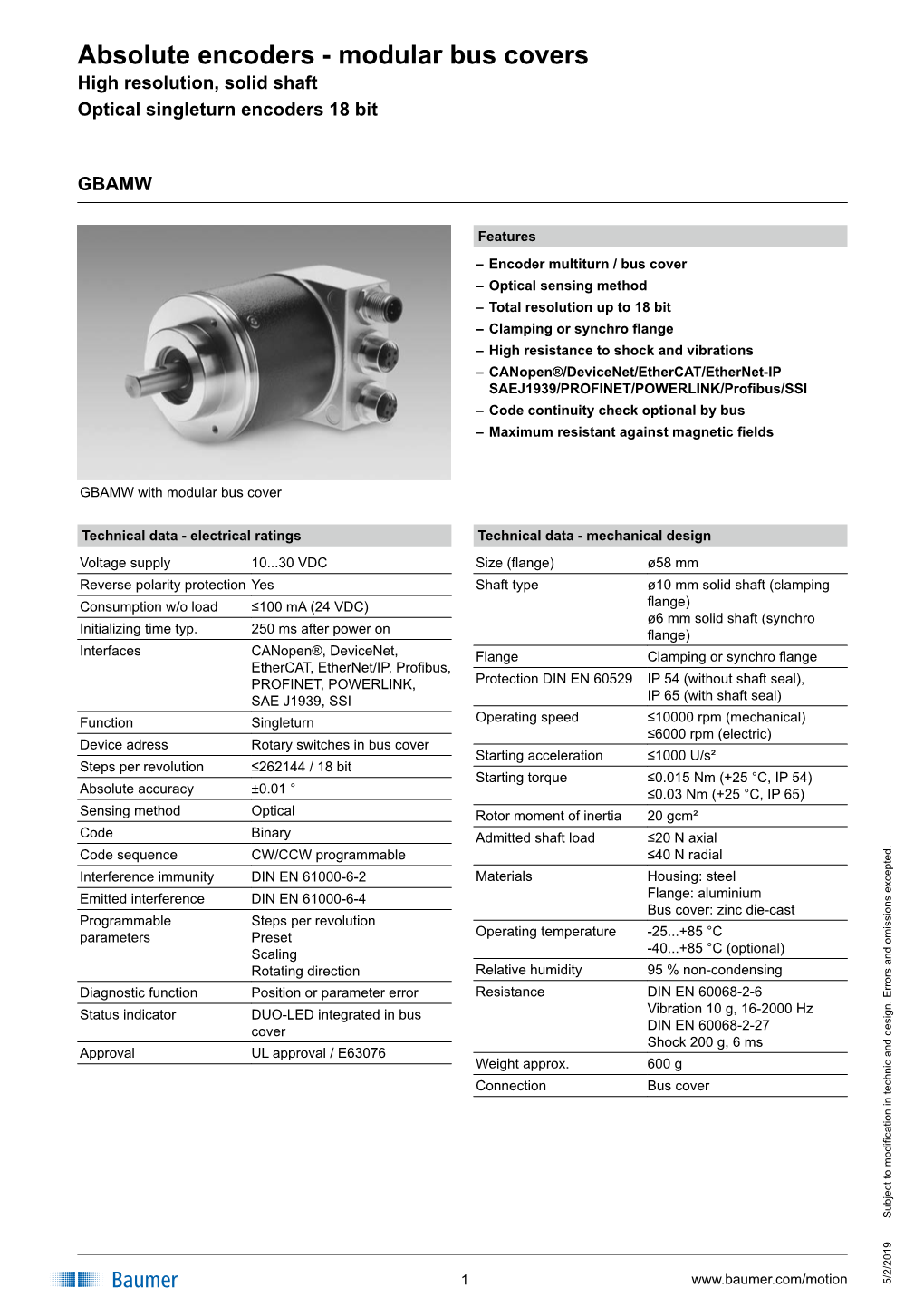 Modular Bus Covers High Resolution, Solid Shaft Optical Singleturn Encoders 18 Bit