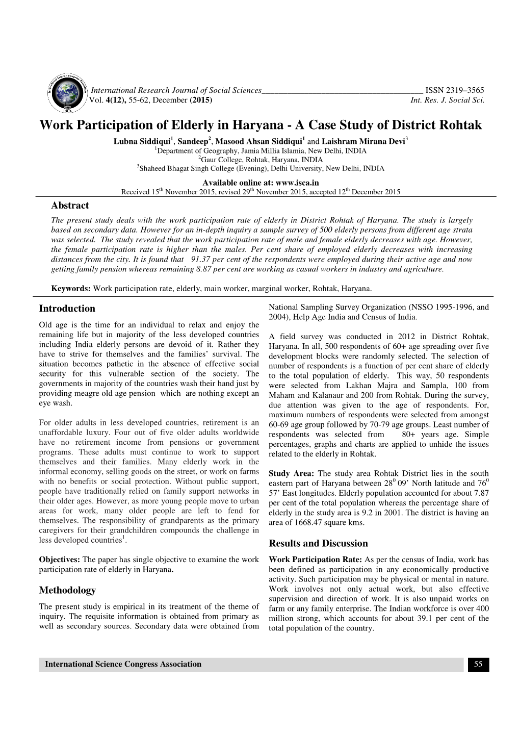 Work Participation of Elderly in Haryana