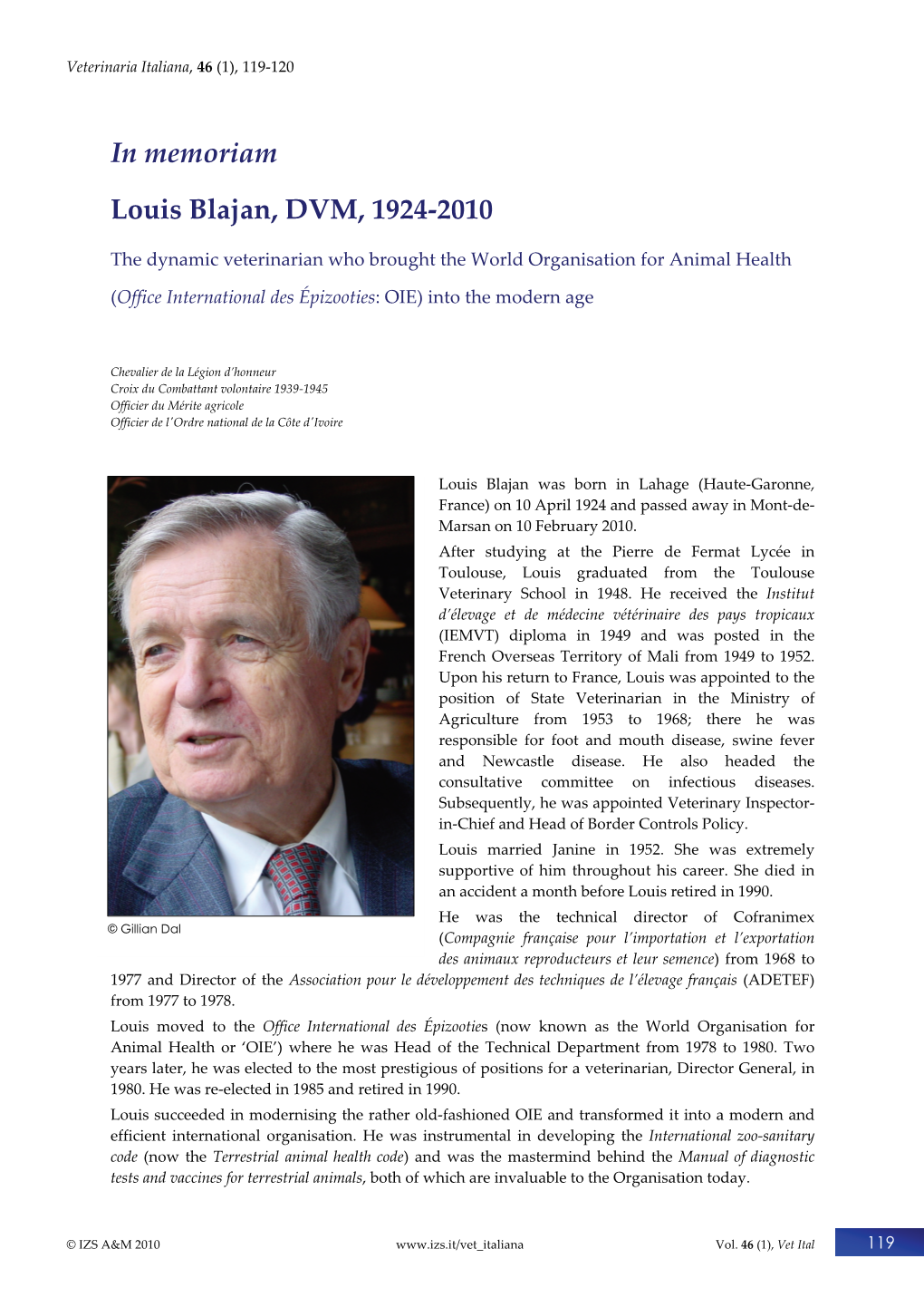 In Memoriam Louis Blajan, DVM, 1924-2010