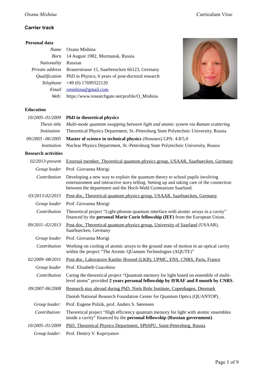 Oxana Mishina Curriculum Vitae Page 1 of 9