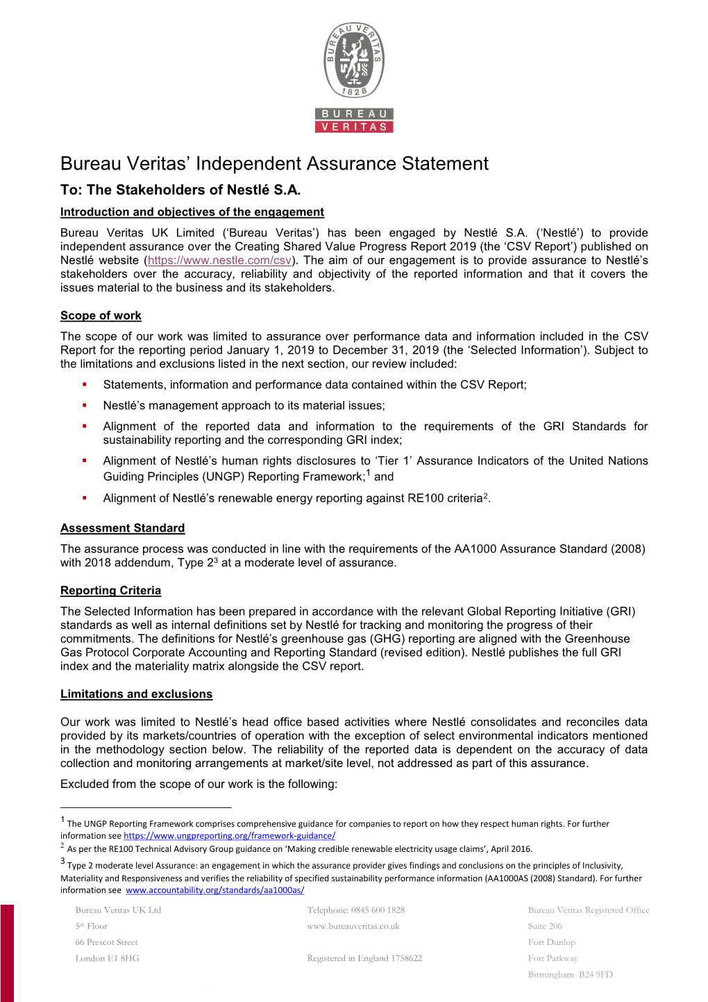 Bureau Veritas' Independent Assurance Statement 2020