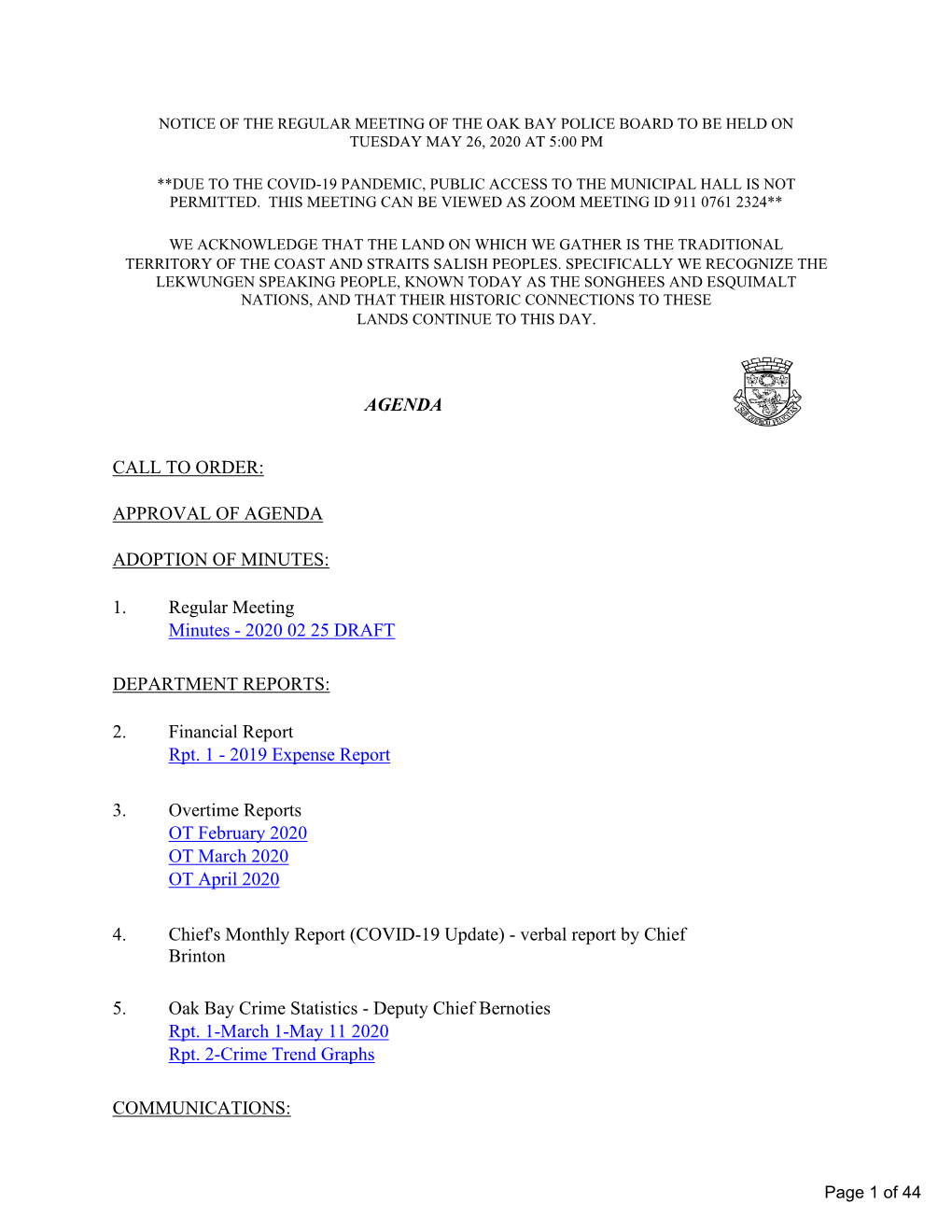 Police Board to Be Held on Tuesday May 26, 2020 at 5:00 Pm