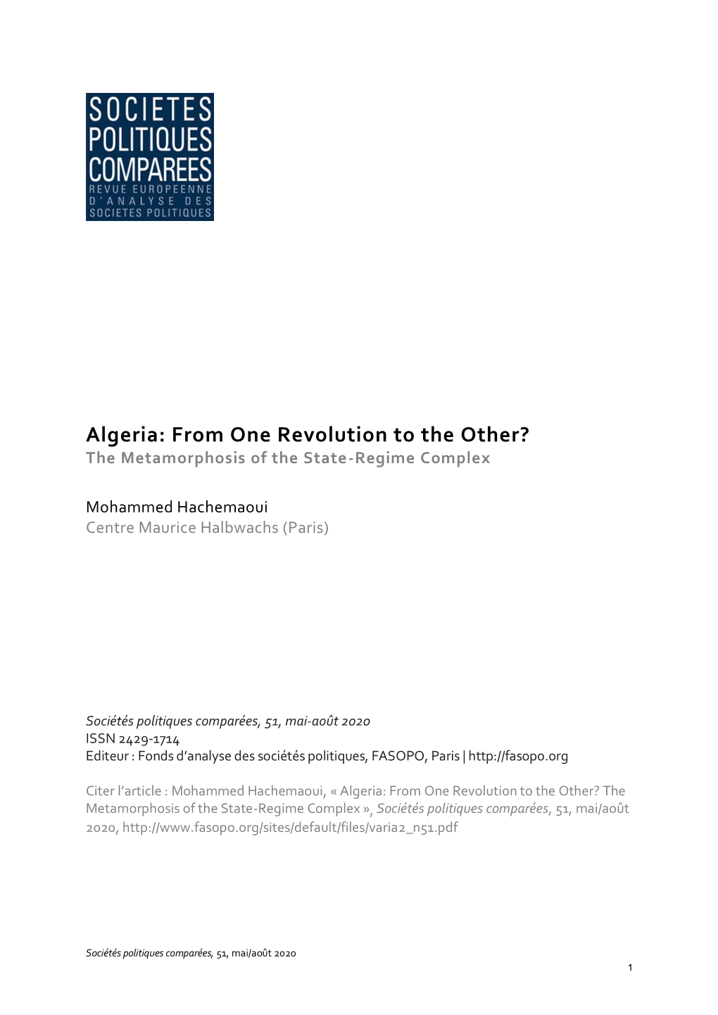 Algeria: from One Revolution to the Other? the Metamorphosis of the State-Regime Complex