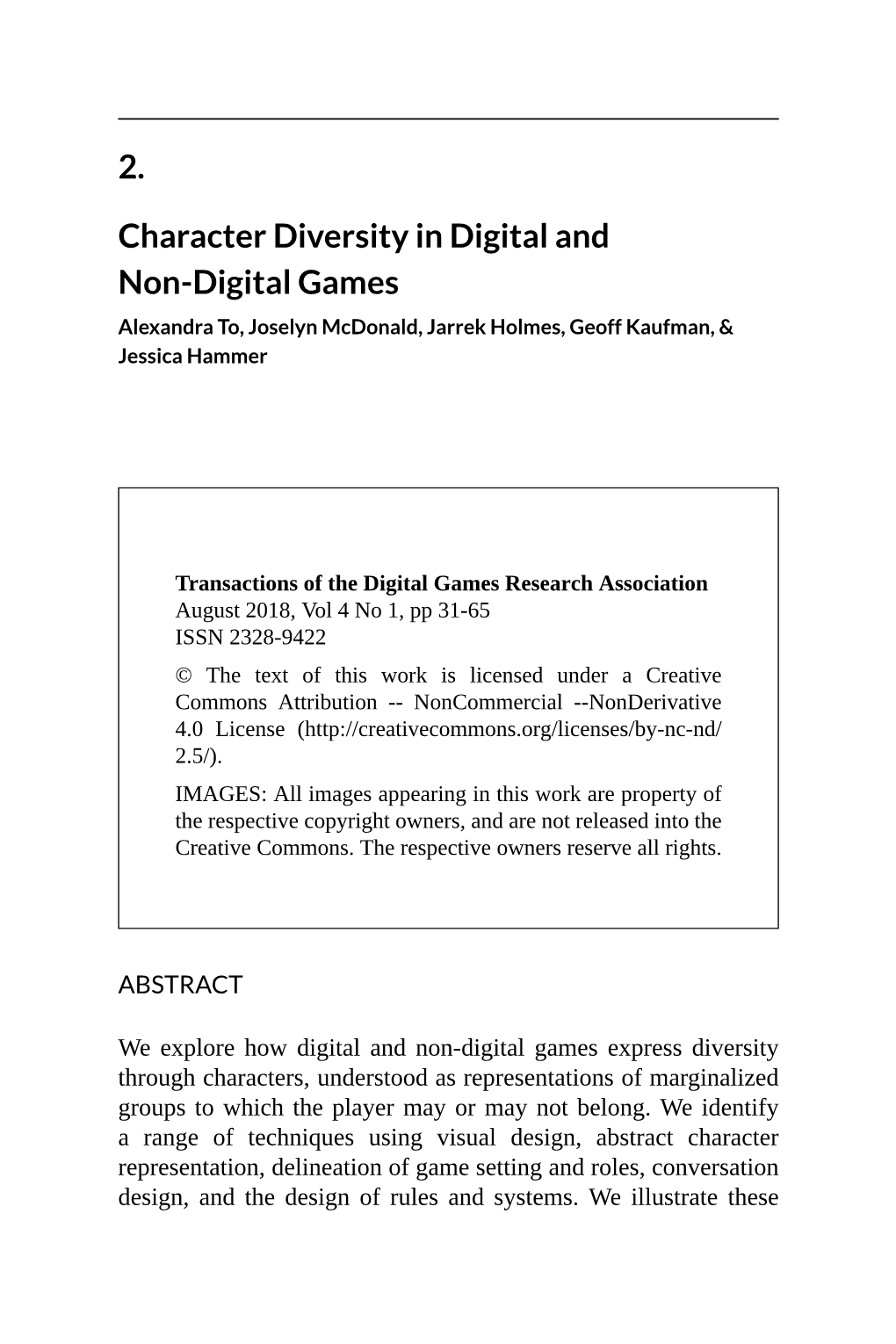 2. Character Diversity in Digital and Non-Digital Games