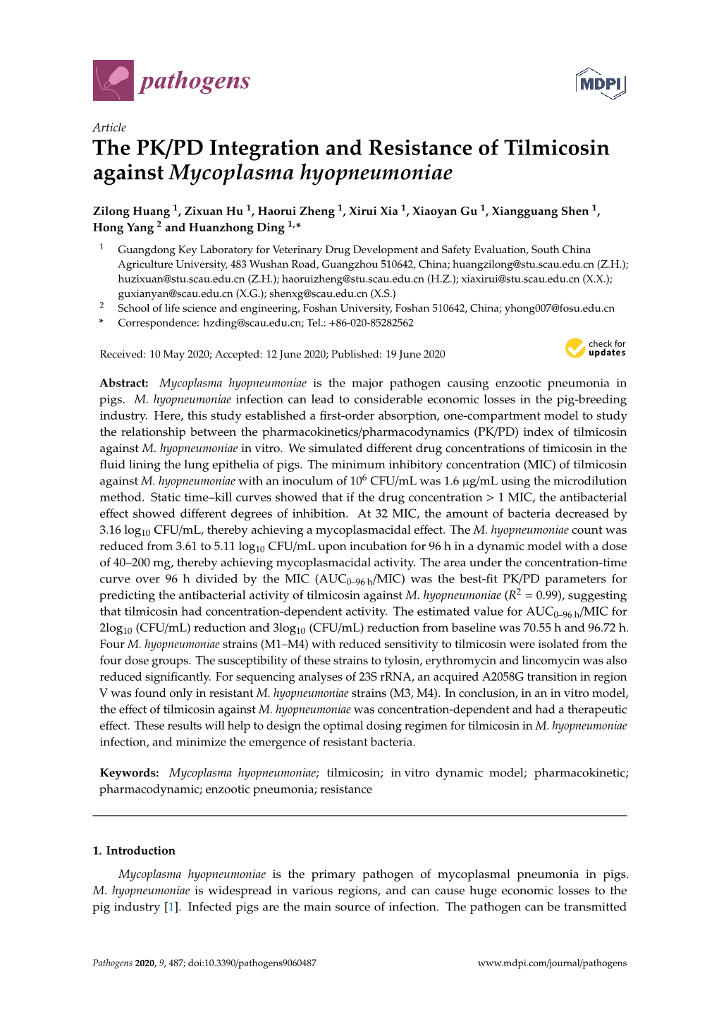 The PK/PD Integration and Resistance of Tilmicosin Against Mycoplasma Hyopneumoniae