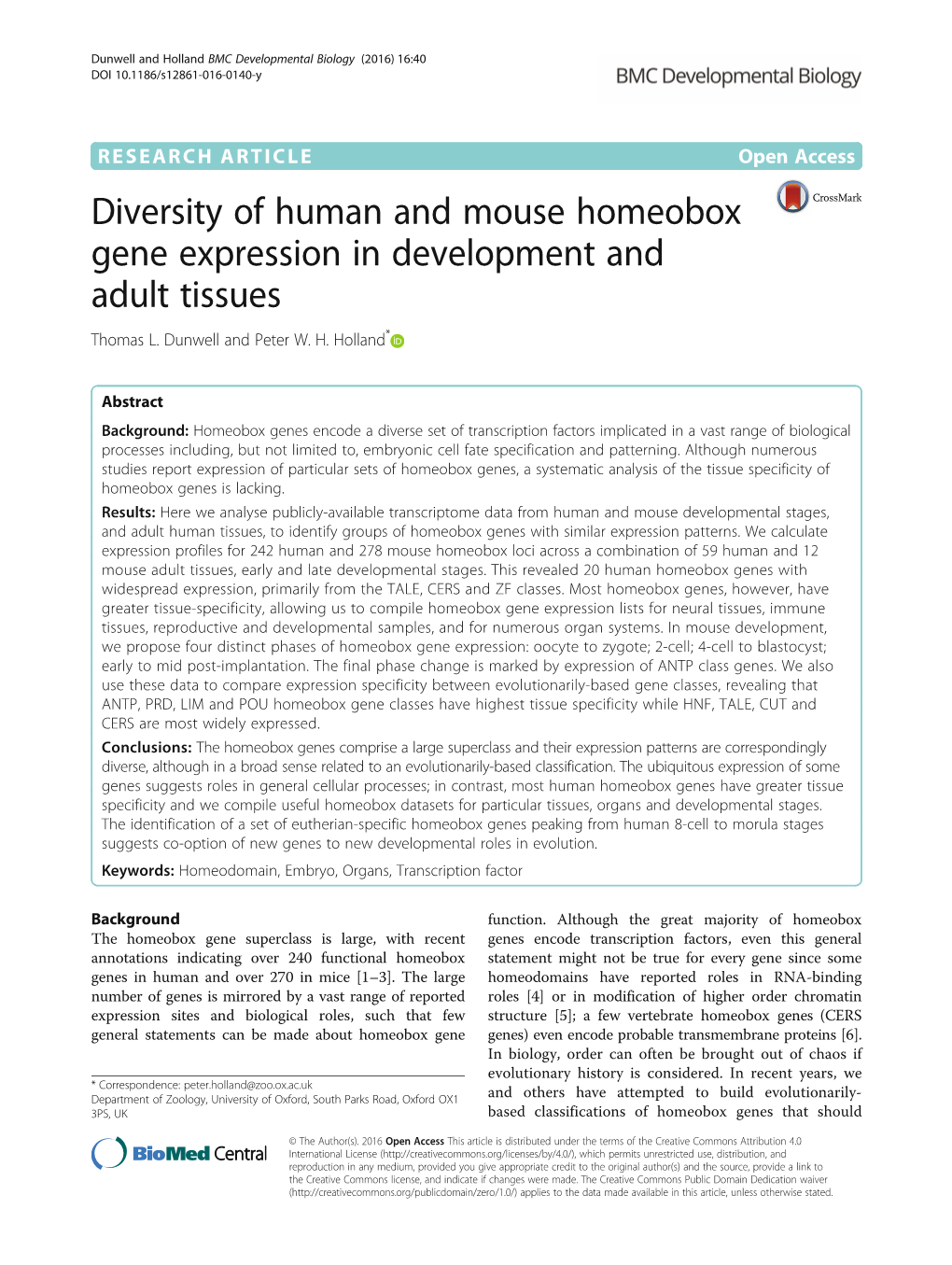 Diversity of Human and Mouse Homeobox Gene Expression in Development and Adult Tissues Thomas L