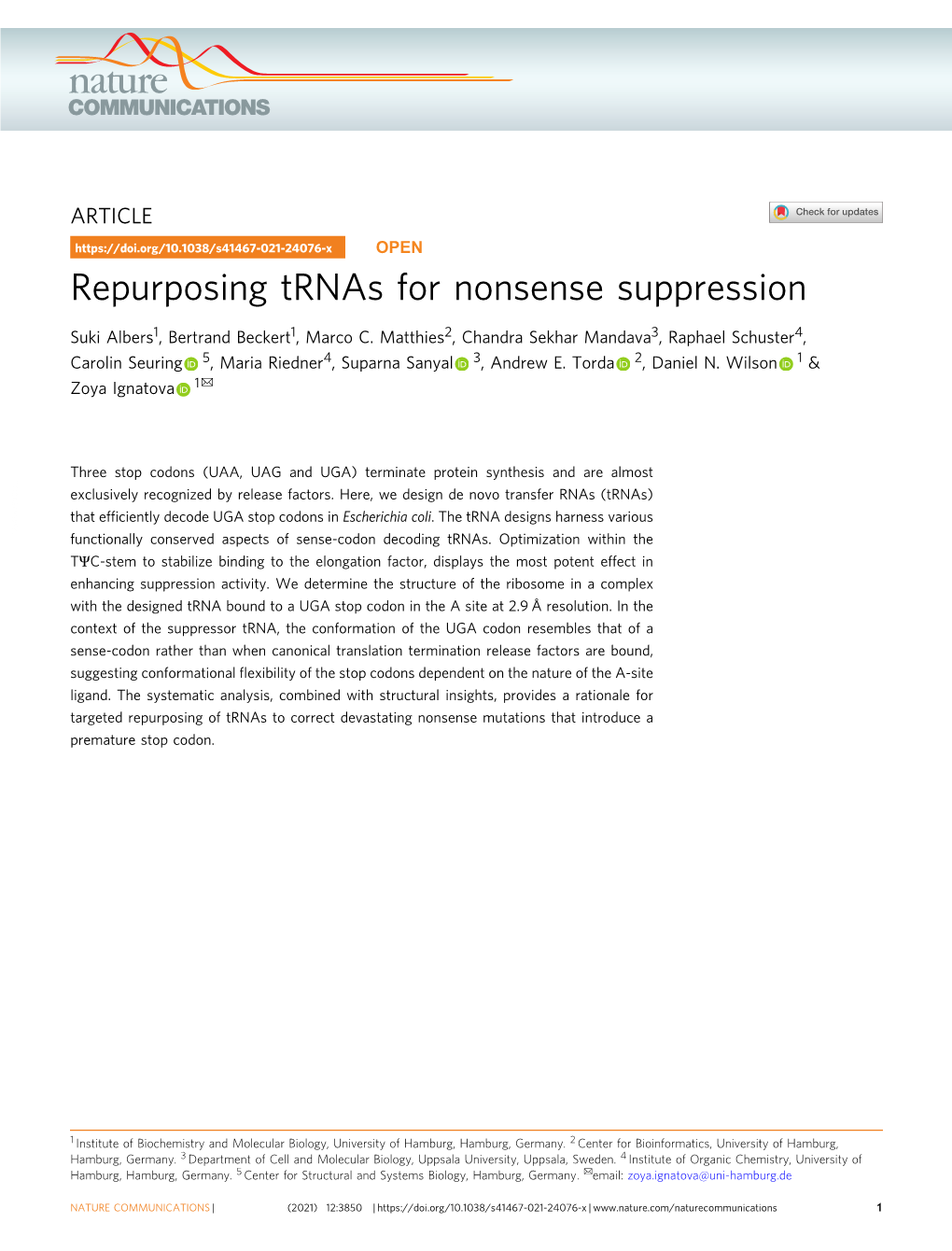 Repurposing Trnas for Nonsense Suppression