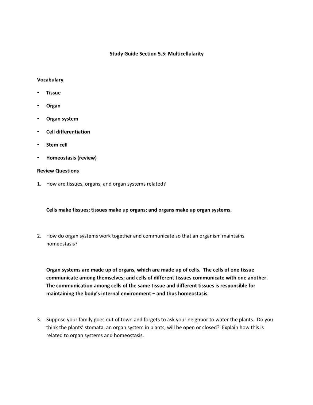 Study Guide Section 5.5: Multicellularity