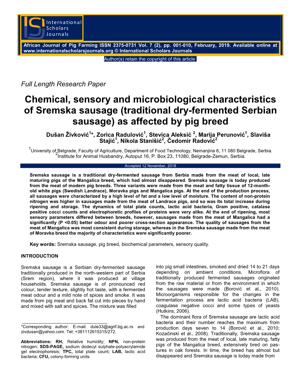 Chemical, Sensory and Microbiological Characteristics of Sremska Sausage (Traditional Dry-Fermented Serbian Sausage) As Affected by Pig Breed