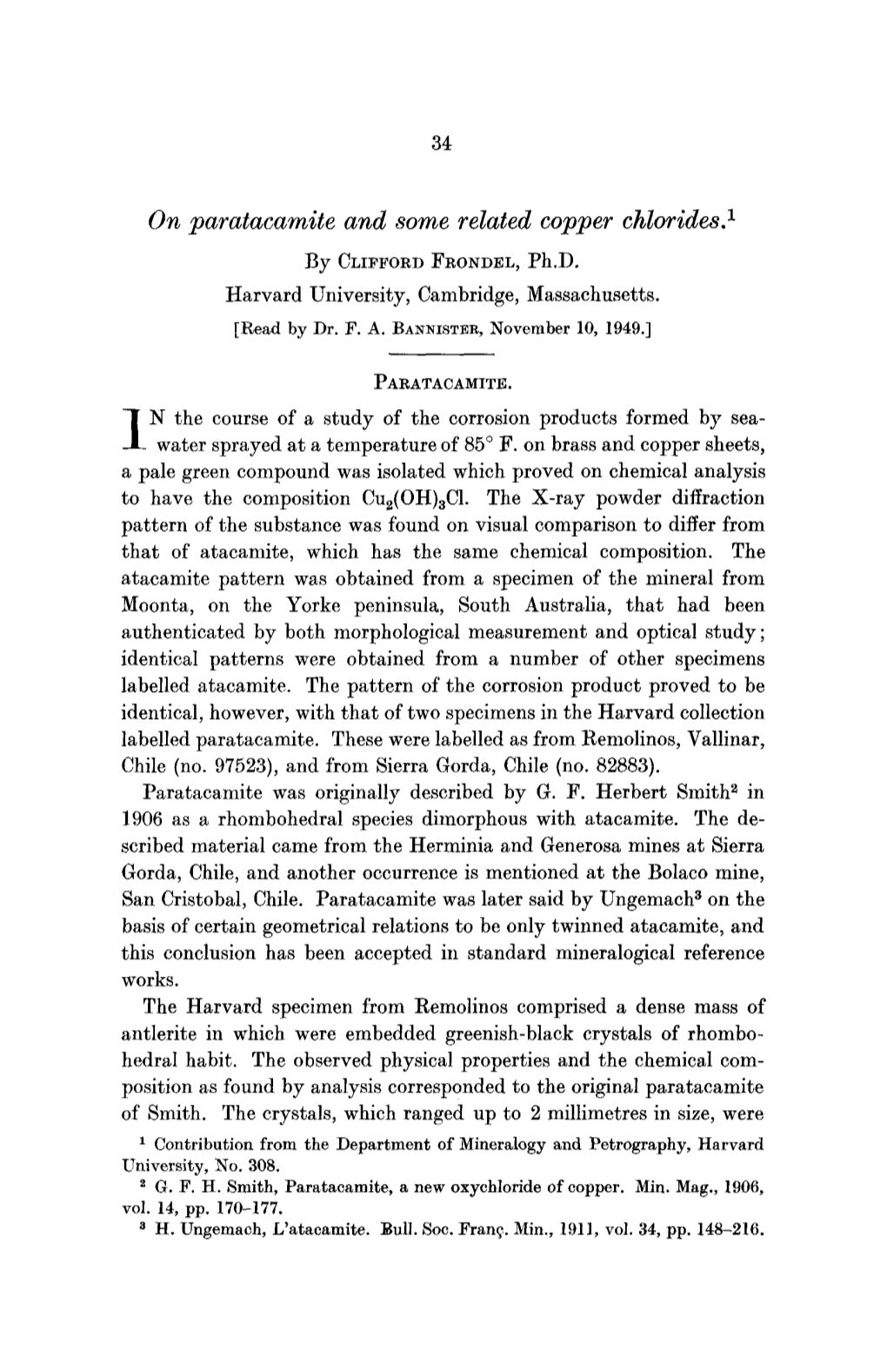 On Paratacamite and Some Related Copper Chlorides. 1 by CLIFFORD FRONDEL, Ph.D