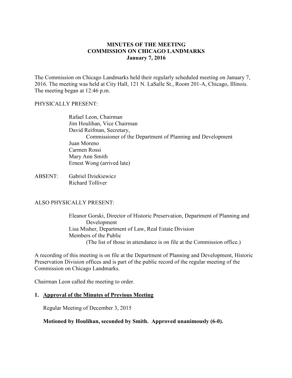 MINUTES of the MEETING COMMISSION on CHICAGO LANDMARKS January 7, 2016