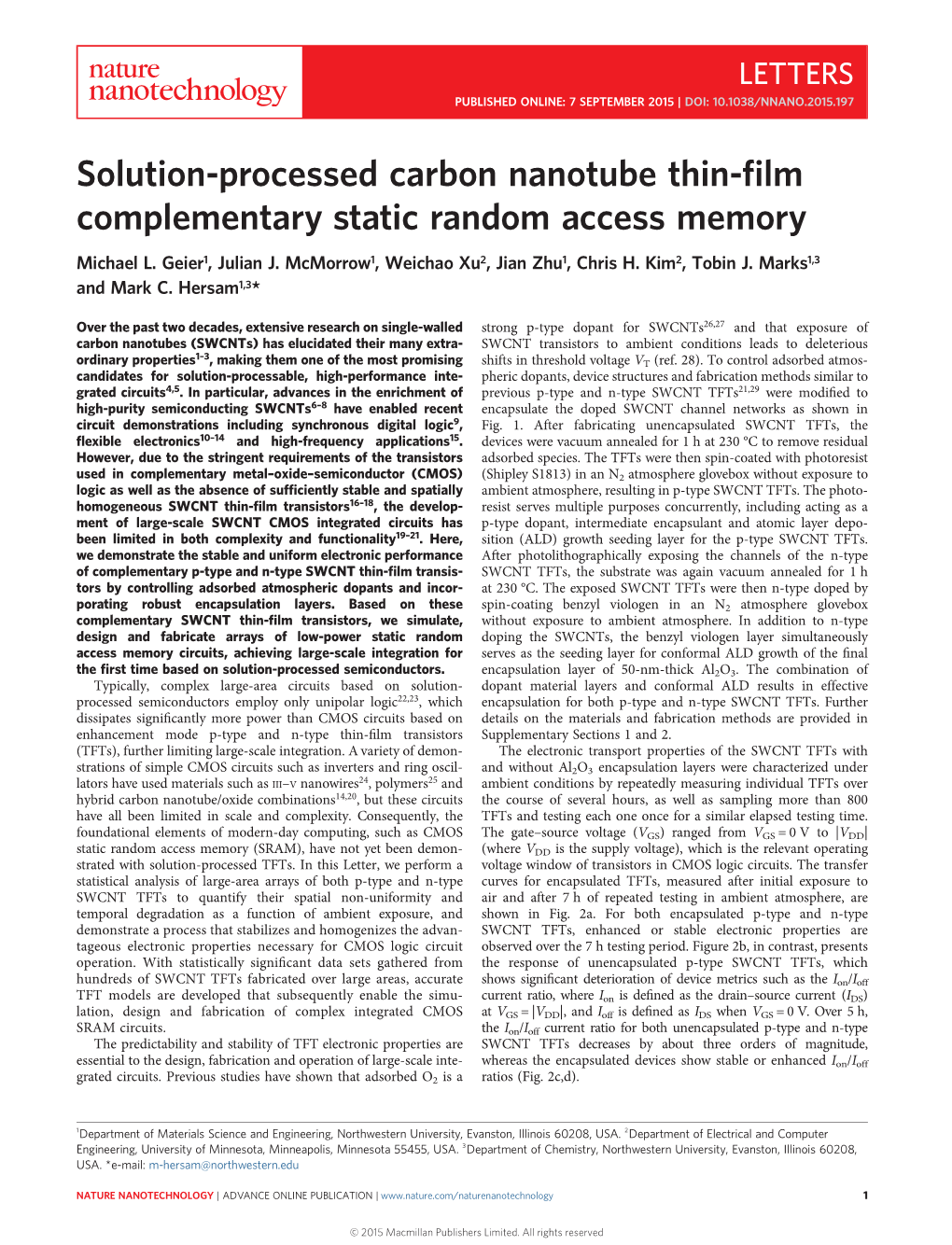 Solution-Processed Carbon Nanotube Thin-Film Complementary Static