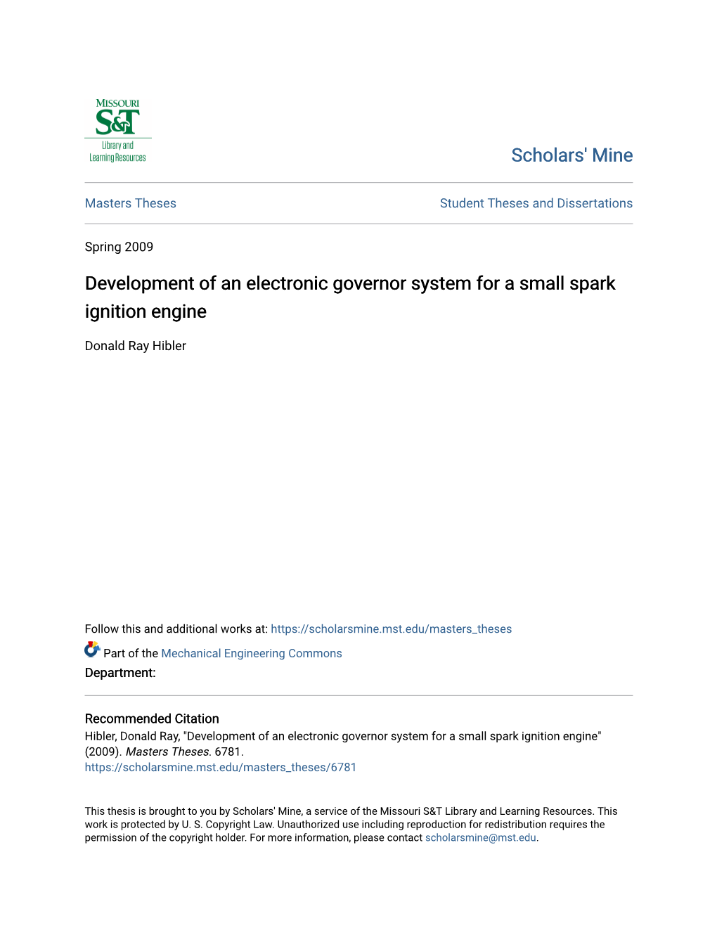 Development of an Electronic Governor System for a Small Spark Ignition Engine