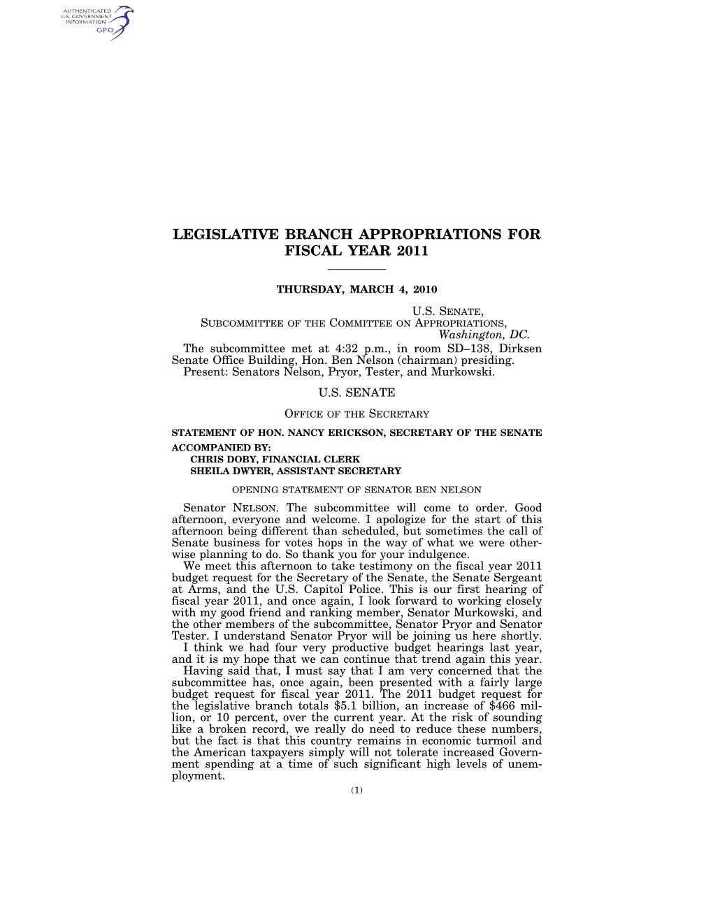 Legislative Branch Appropriations for Fiscal Year 2011