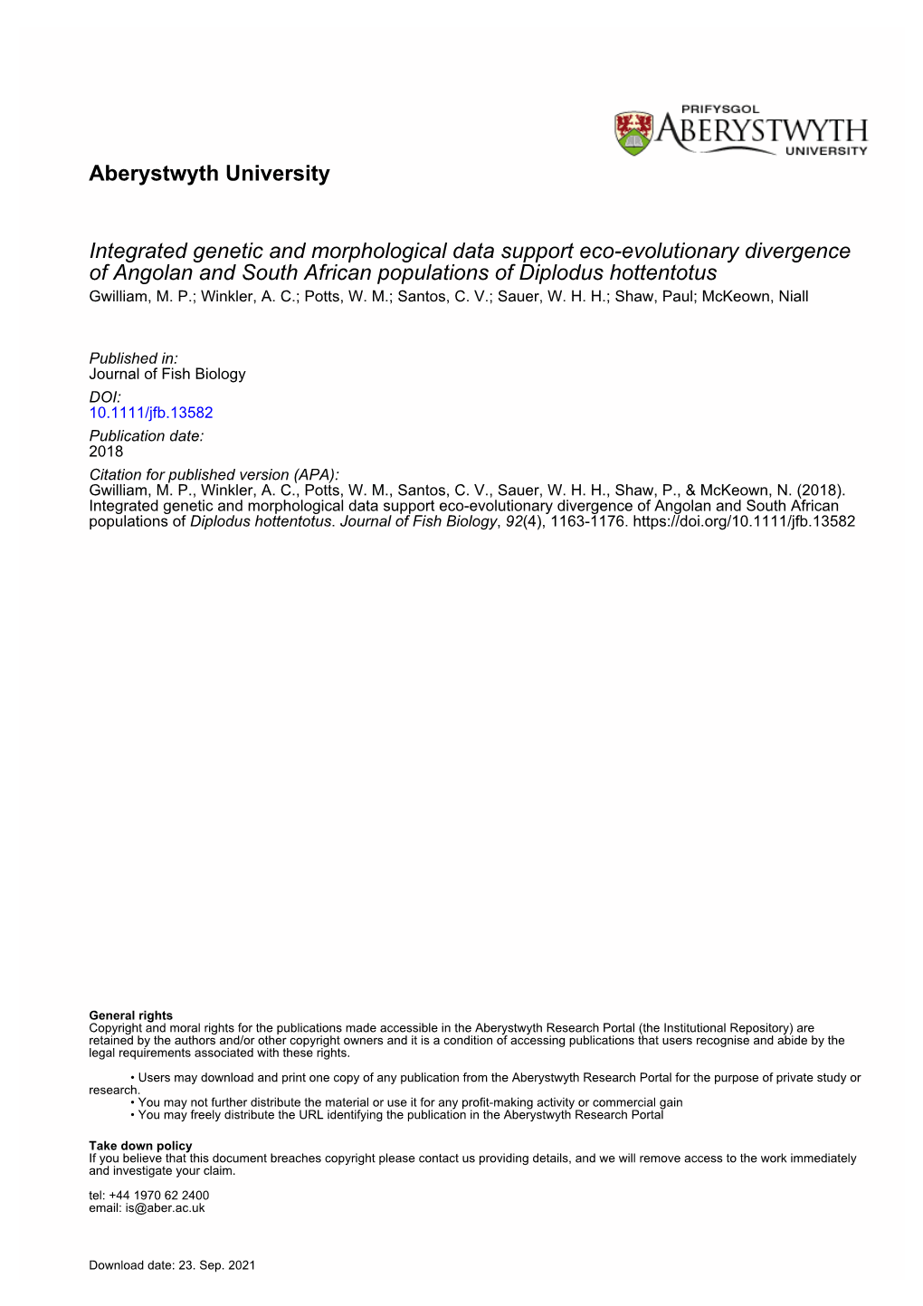 Integrated Genetic and Morphological Data Support Eco-Evolutionary Divergence of Angolan and South African Populations of Diplodus Hottentotus Gwilliam, M