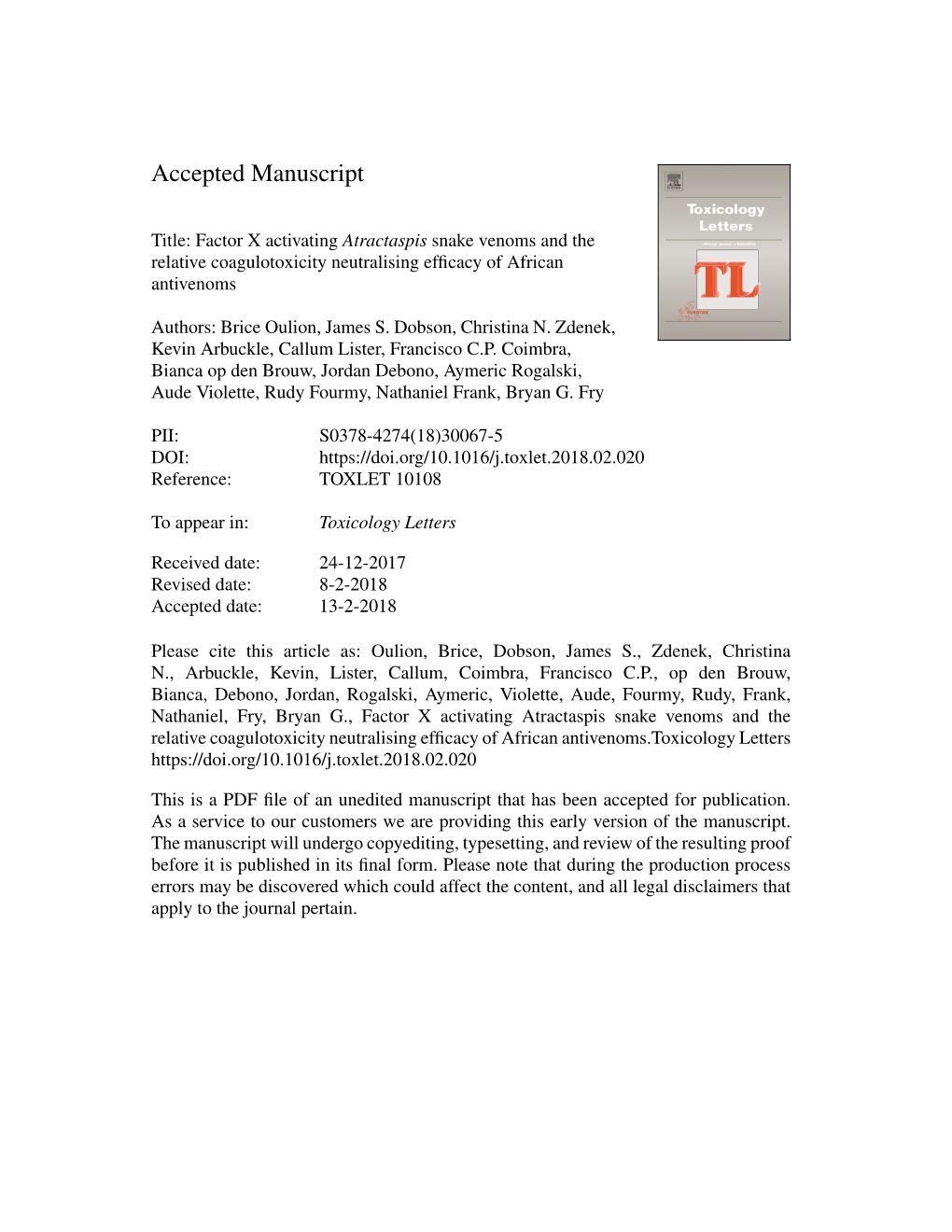 Factor X Activating Atractaspis Snake Venoms and the Relative Coagulotoxicity Neutralising Efﬁcacy of African Antivenoms