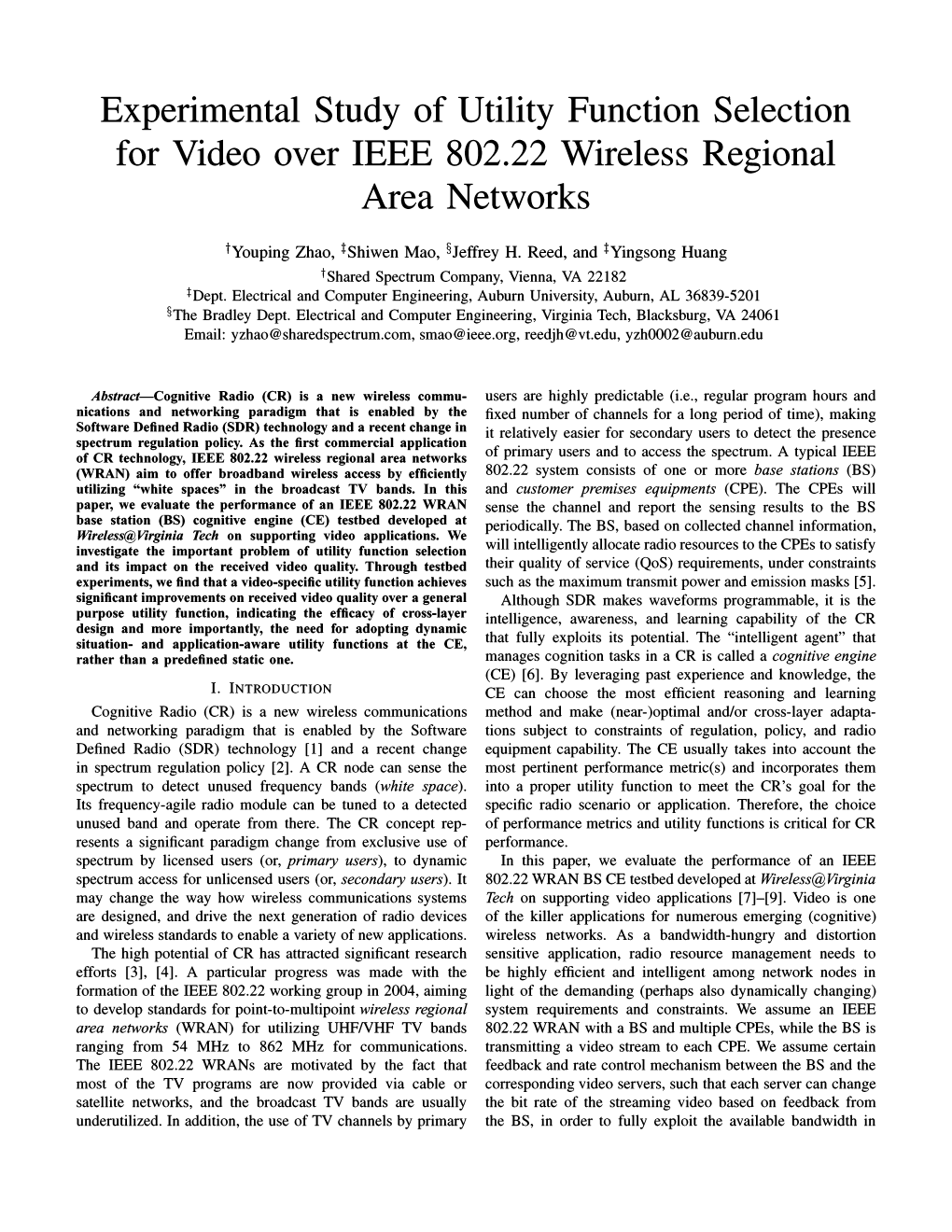 Experimental Study of Utility Function Selection for Video Over IEEE 802.22 Wireless Regional Area Networks