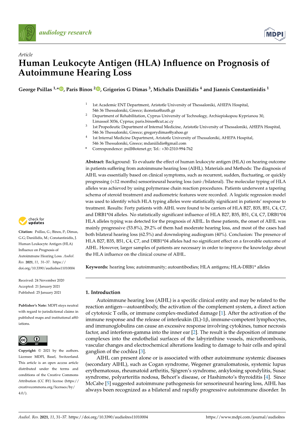 Human Leukocyte Antigen (HLA) Inﬂuence on Prognosis of Autoimmune Hearing Loss