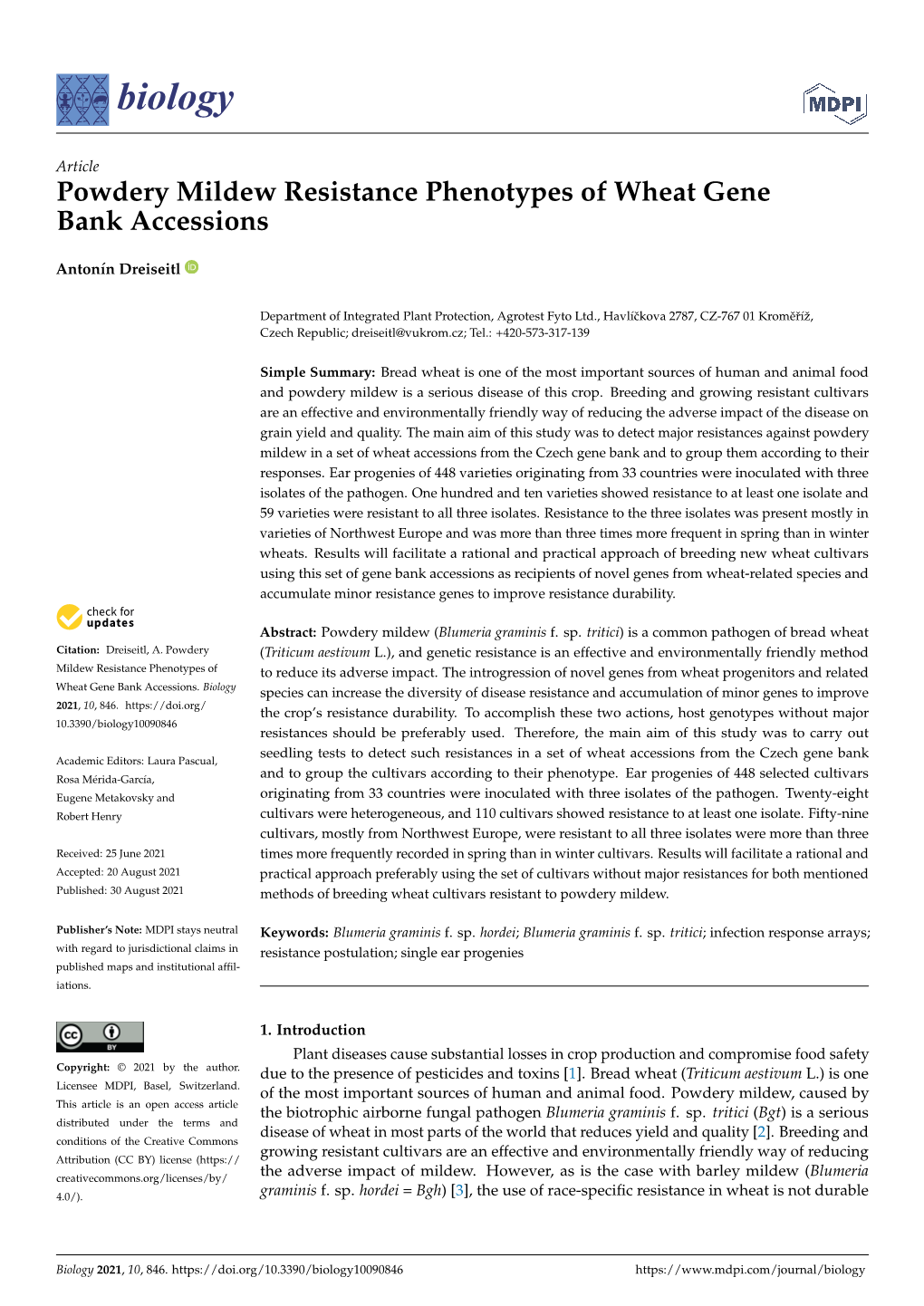 Powdery Mildew Resistance Phenotypes of Wheat Gene Bank Accessions