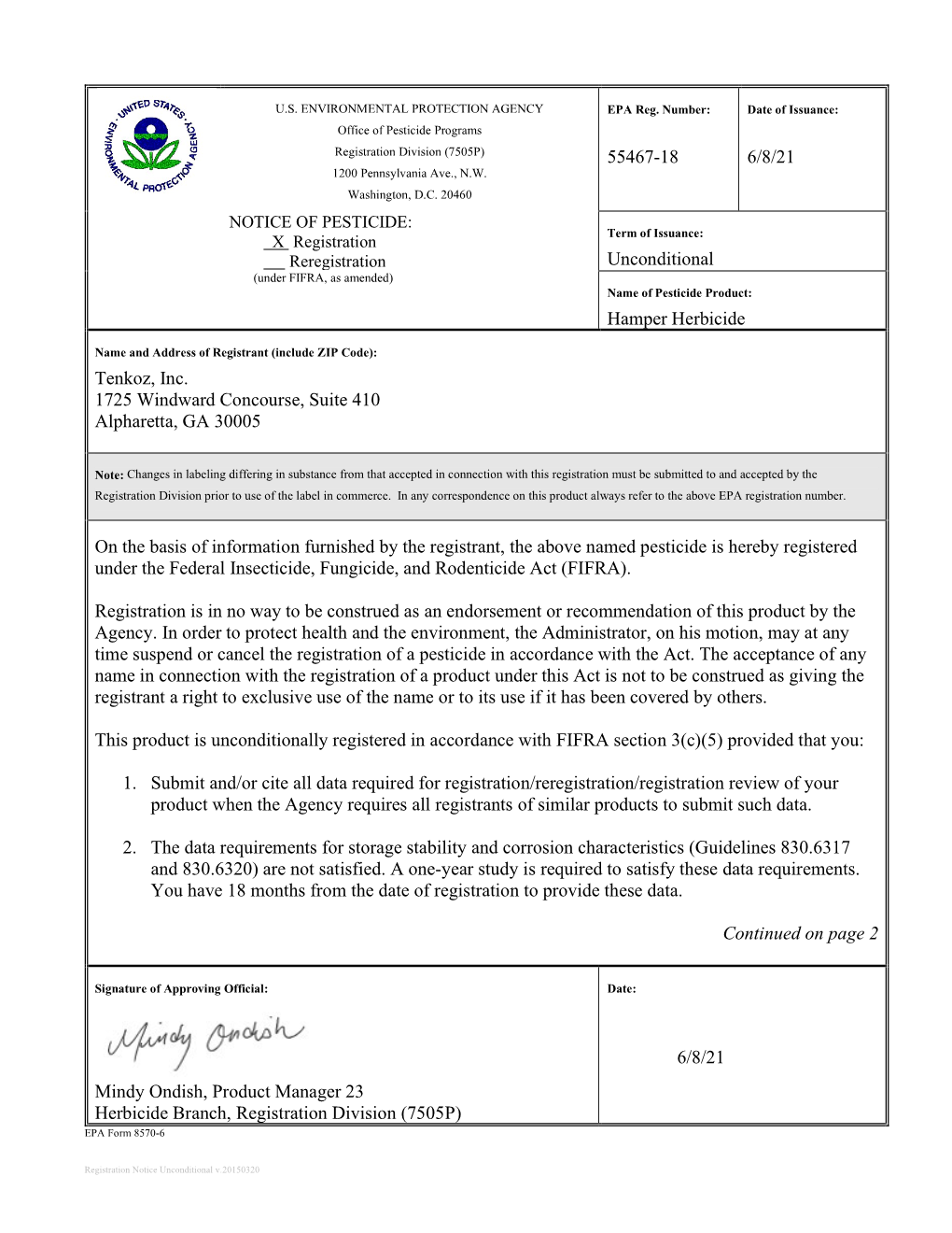 US EPA, Pesticide Product Label, Hamper Herbicide,06/08/2021