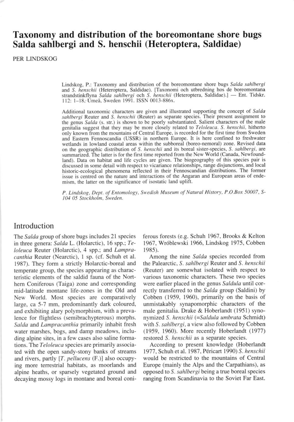 Taxonomy and Distribution of the Boreomontane Shore Bugs Salda Sahlbergi and S