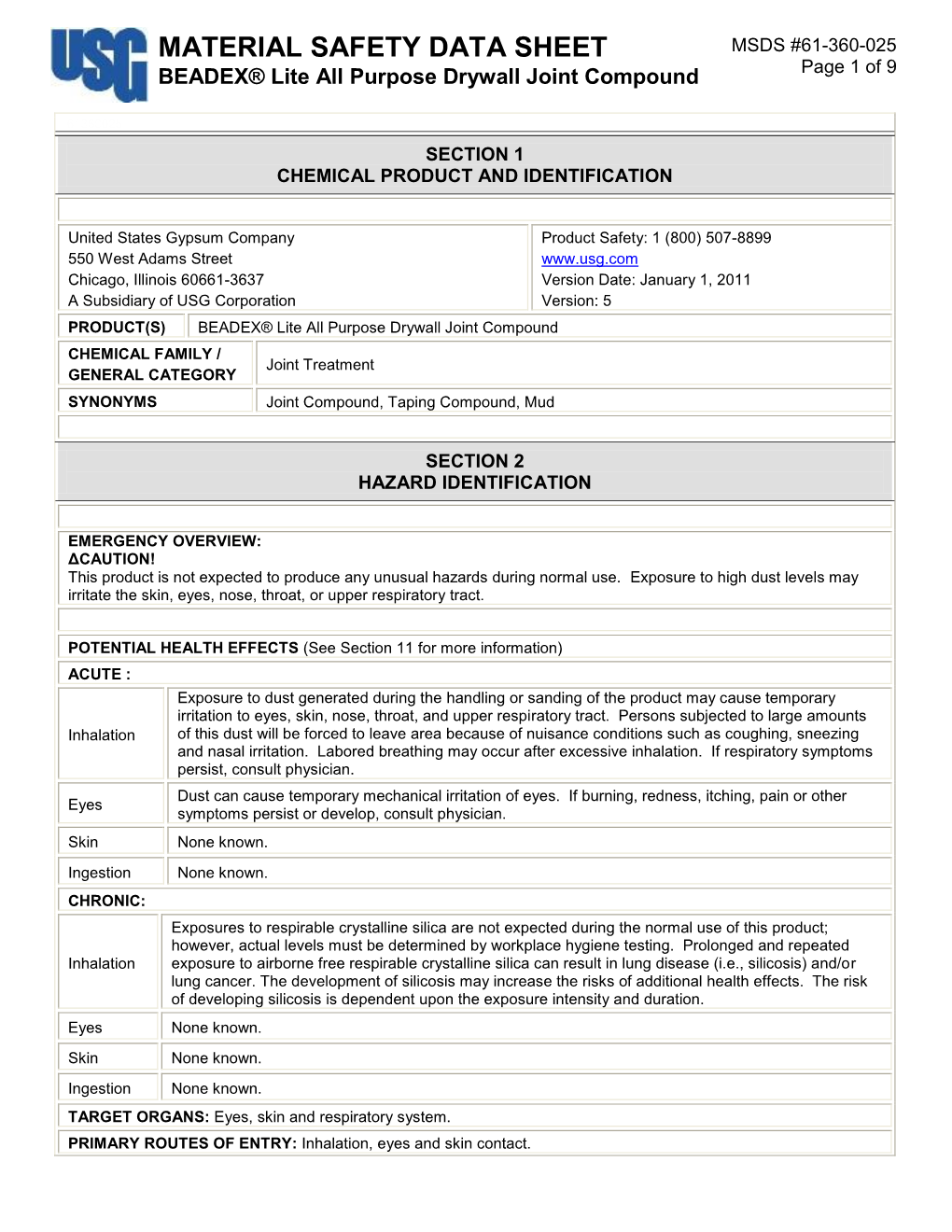 MATERIAL SAFETY DATA SHEET MSDS #61-360-025 BEADEX® Lite All Purpose Drywall Joint Compound Page 1 of 9