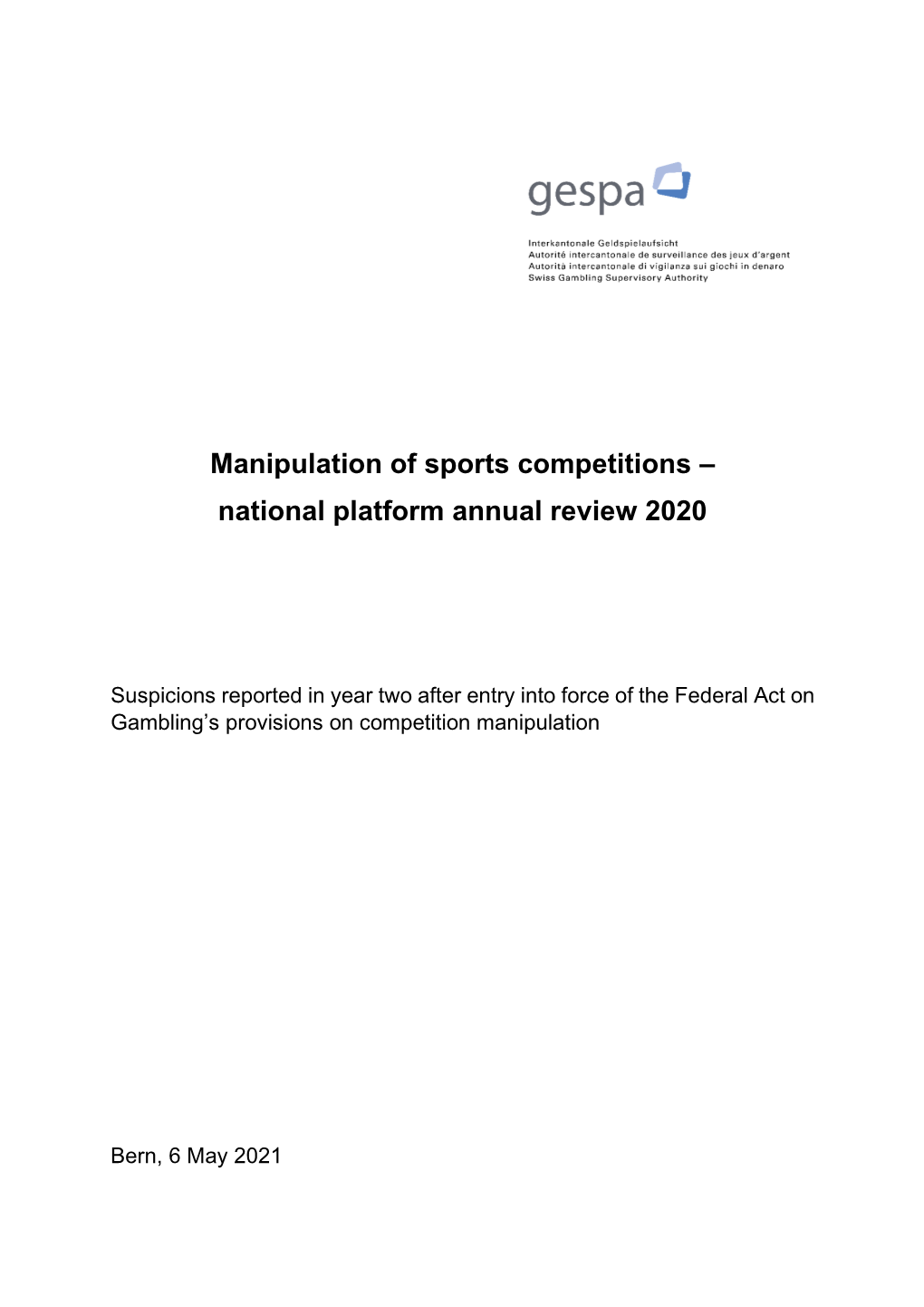 Manipulation of Sports Competitions – National Platform Annual Review 2020