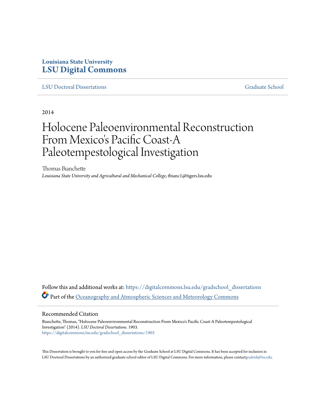 Holocene Paleoenvironmental Reconstruction from Mexico's Pacific Coast-A Paleotempestological Investigation