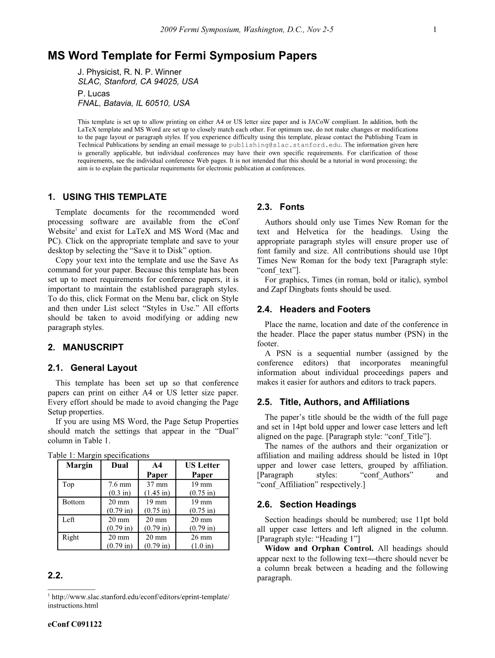 MS Word Template for SLAC Documents