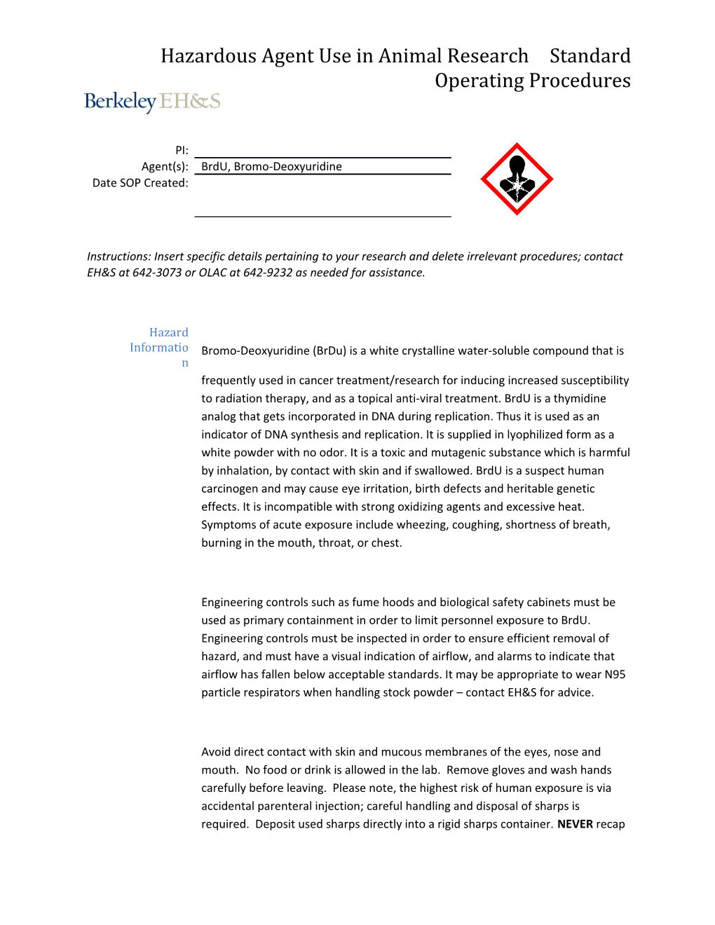 Hazardous Agent Use in Animal Research Standard Operating Procedures