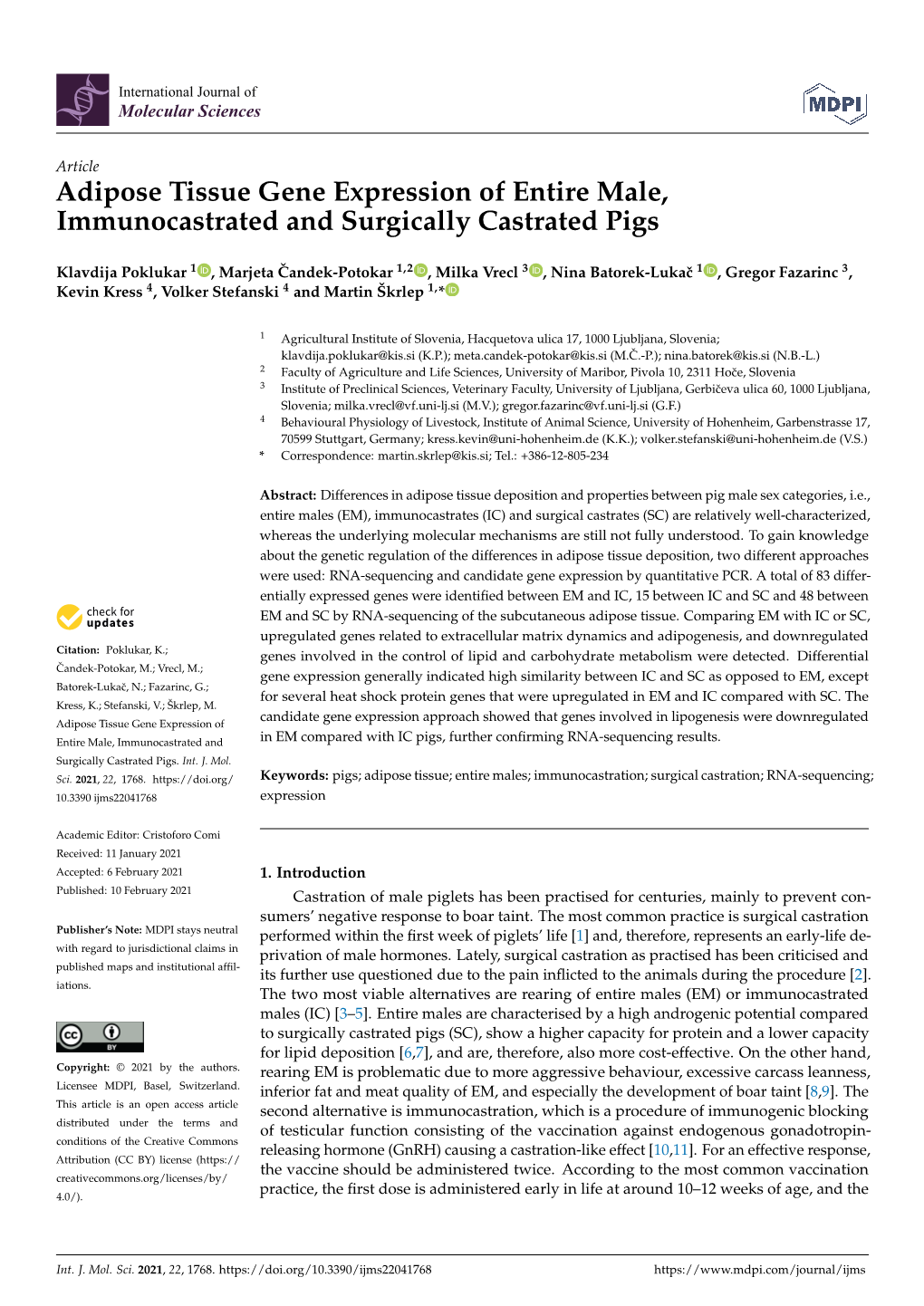 Adipose Tissue Gene Expression of Entire Male, Immunocastrated and Surgically Castrated Pigs