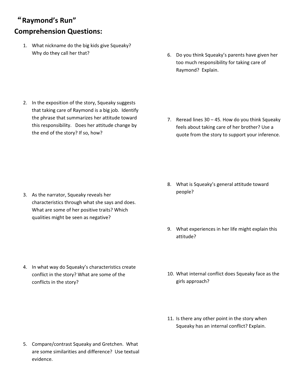 Raymond S Run Comprehension Questions