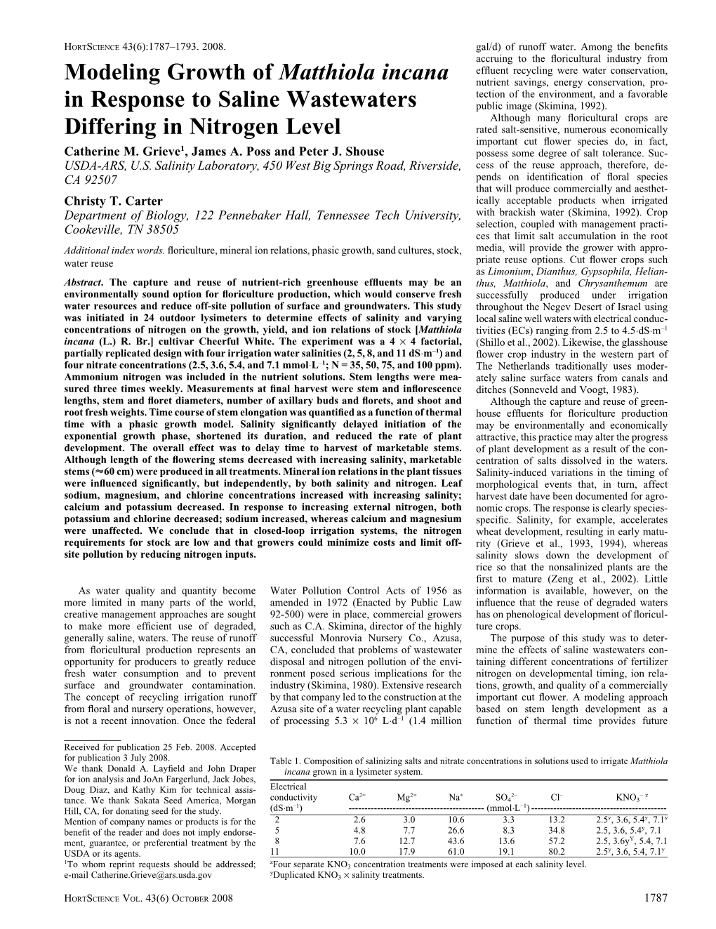 Modeling Growth of Matthiola Incana in Response to Saline Wastewaters Differing in Nitrogen Level