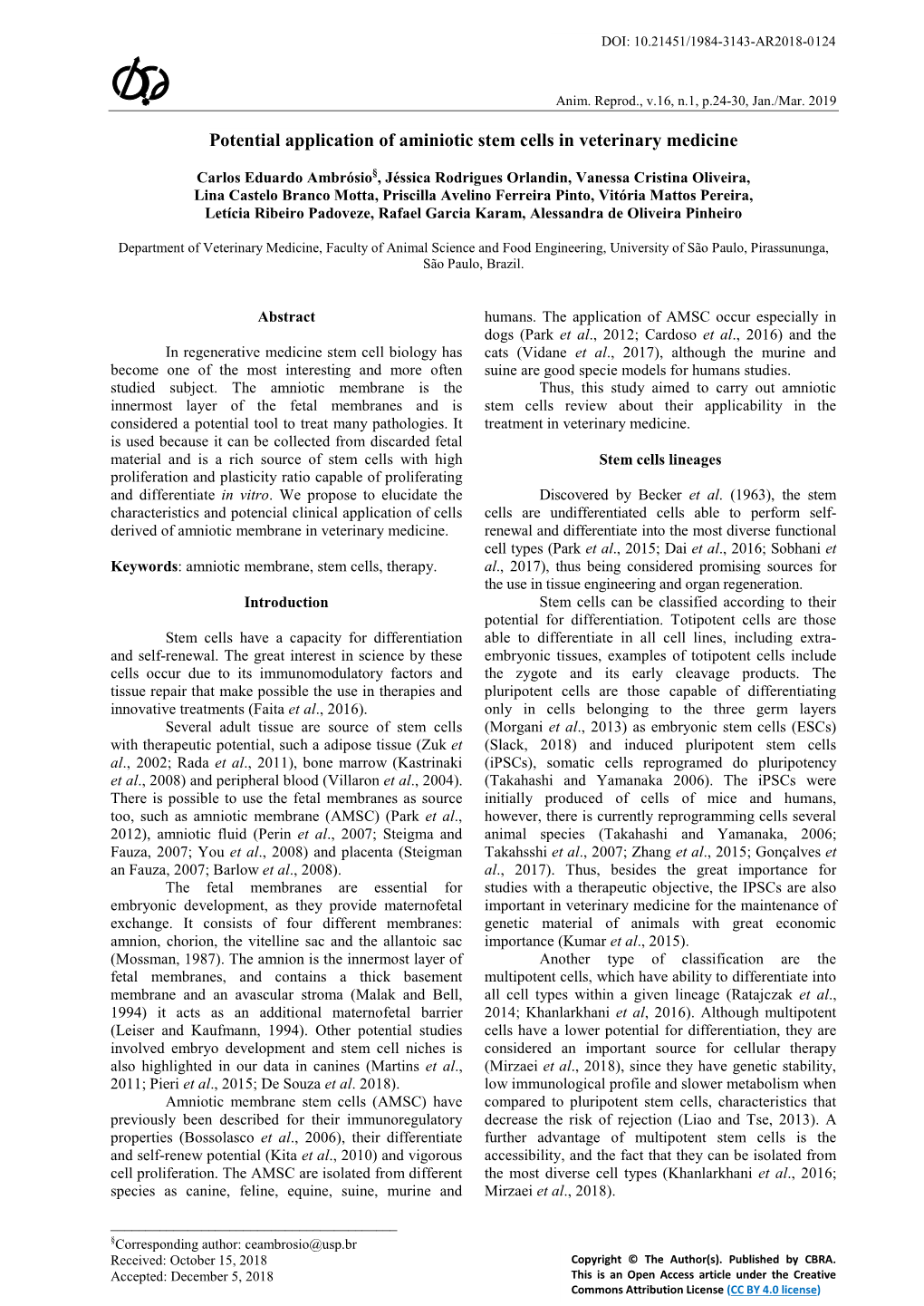 Potential Application of Aminiotic Stem Cells in Veterinary Medicine