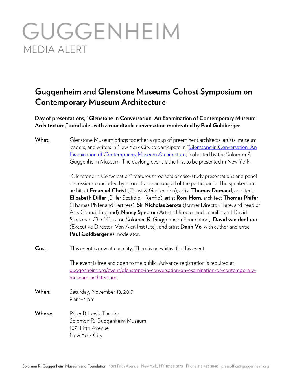 Guggenheim and Glenstone Museums Cohost Symposium on Contemporary Museum Architecture